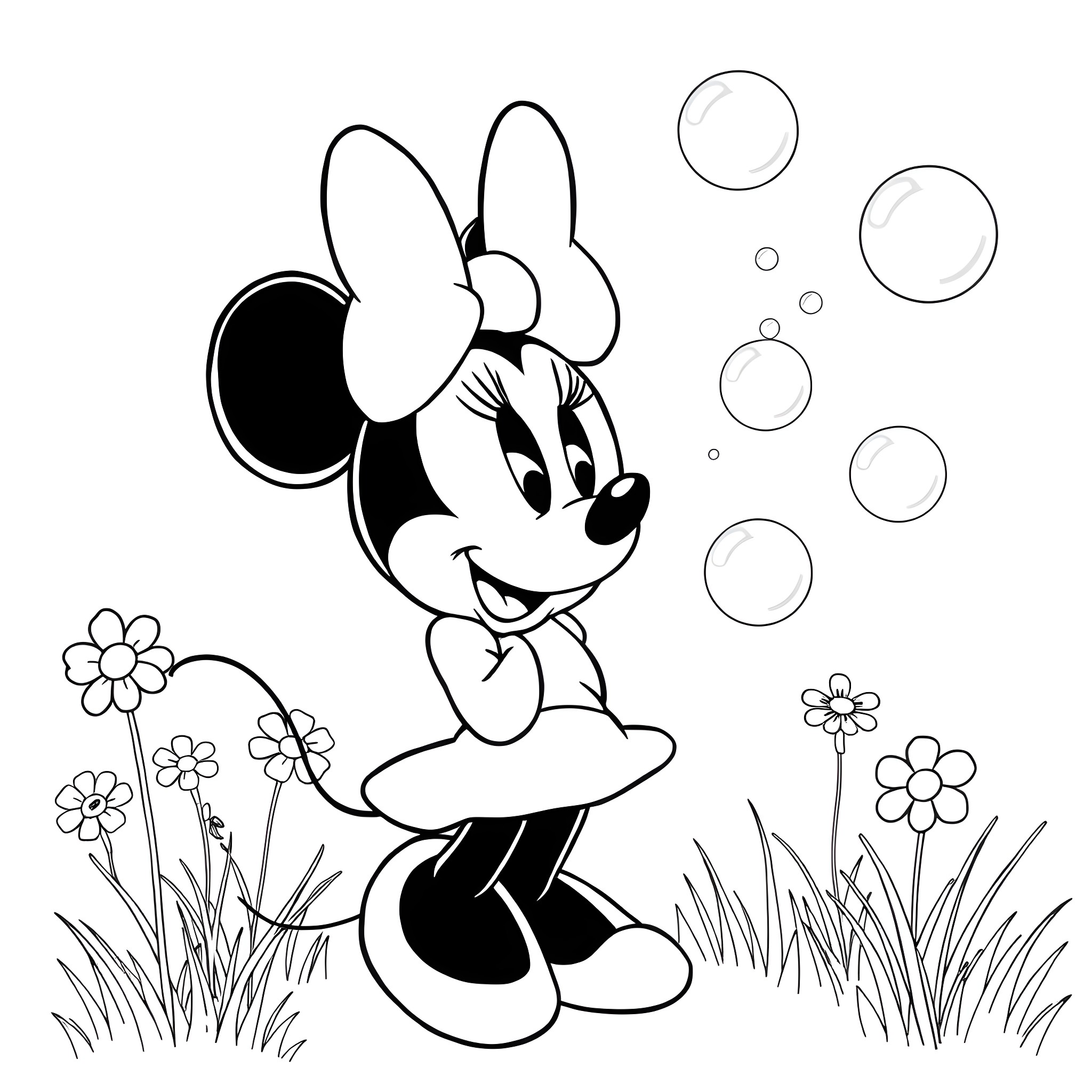 Minnie Mouse playing joyfully in a flower field Coloring Page (free black-and-white line drawing printable PDF for all, from beginners to advanced learners, including children, teens, adults, and seniors)