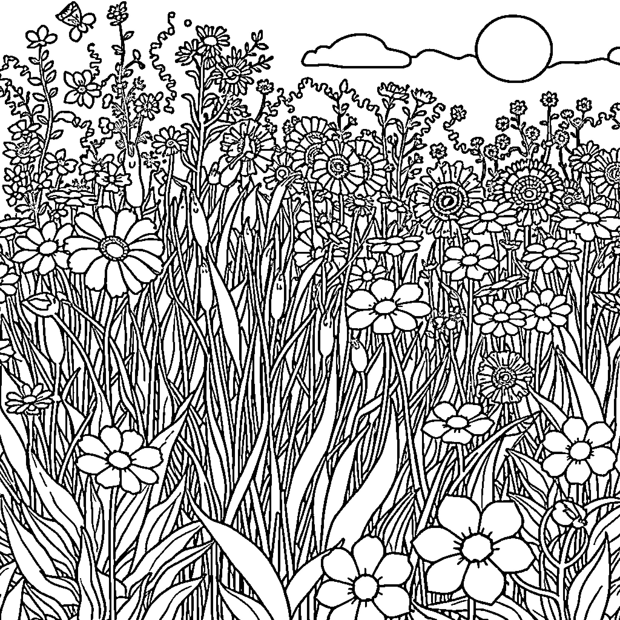 Weed Flowers Blooming in Lush Garden Coloring Page (free black-and-white line drawing printable PDF for all, from beginners to advanced learners, including children, teens, adults, and seniors)