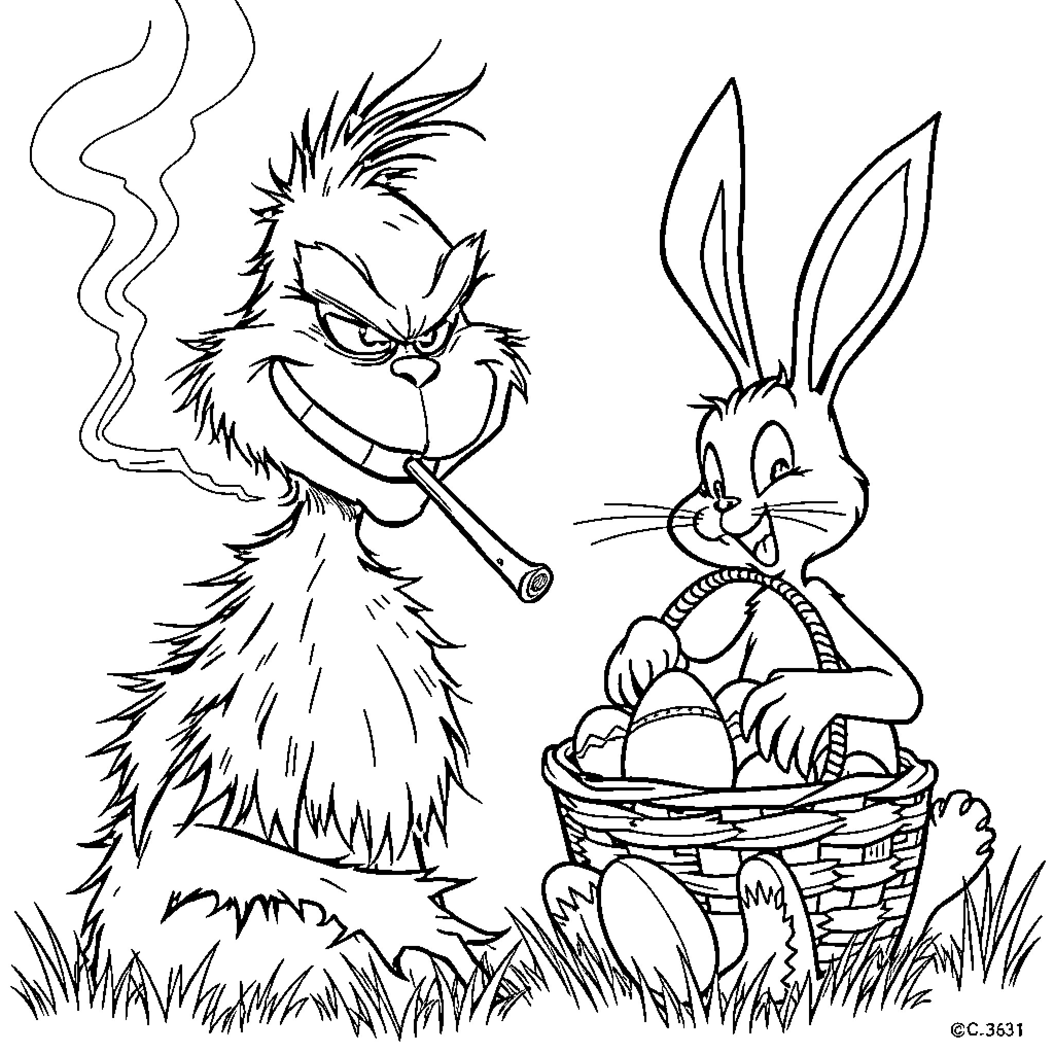 Grinch and Bugs Bunny in a mischievous encounter Coloring Page (free black-and-white line drawing printable PDF for all, from beginners to advanced learners, including children, teens, adults, and seniors)