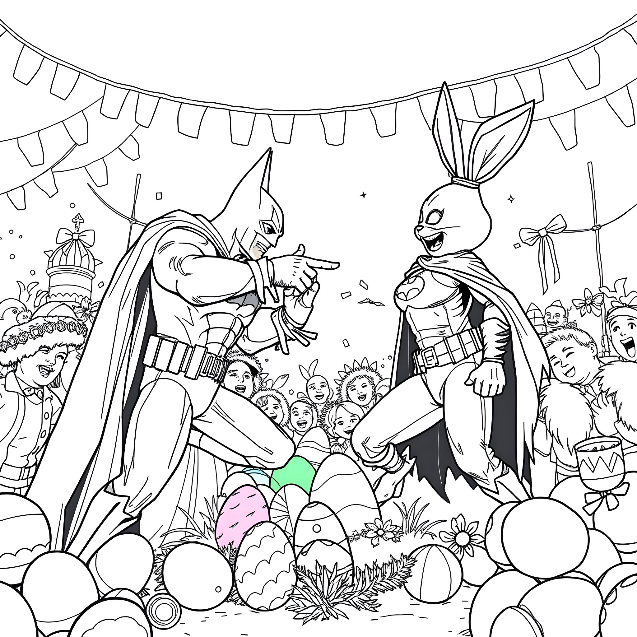 Batman and Bunny Superheroes Celebrate Easter Coloring Page (free black-and-white line drawing printable PDF for all, from beginners to advanced learners, including children, teens, adults, and seniors)
