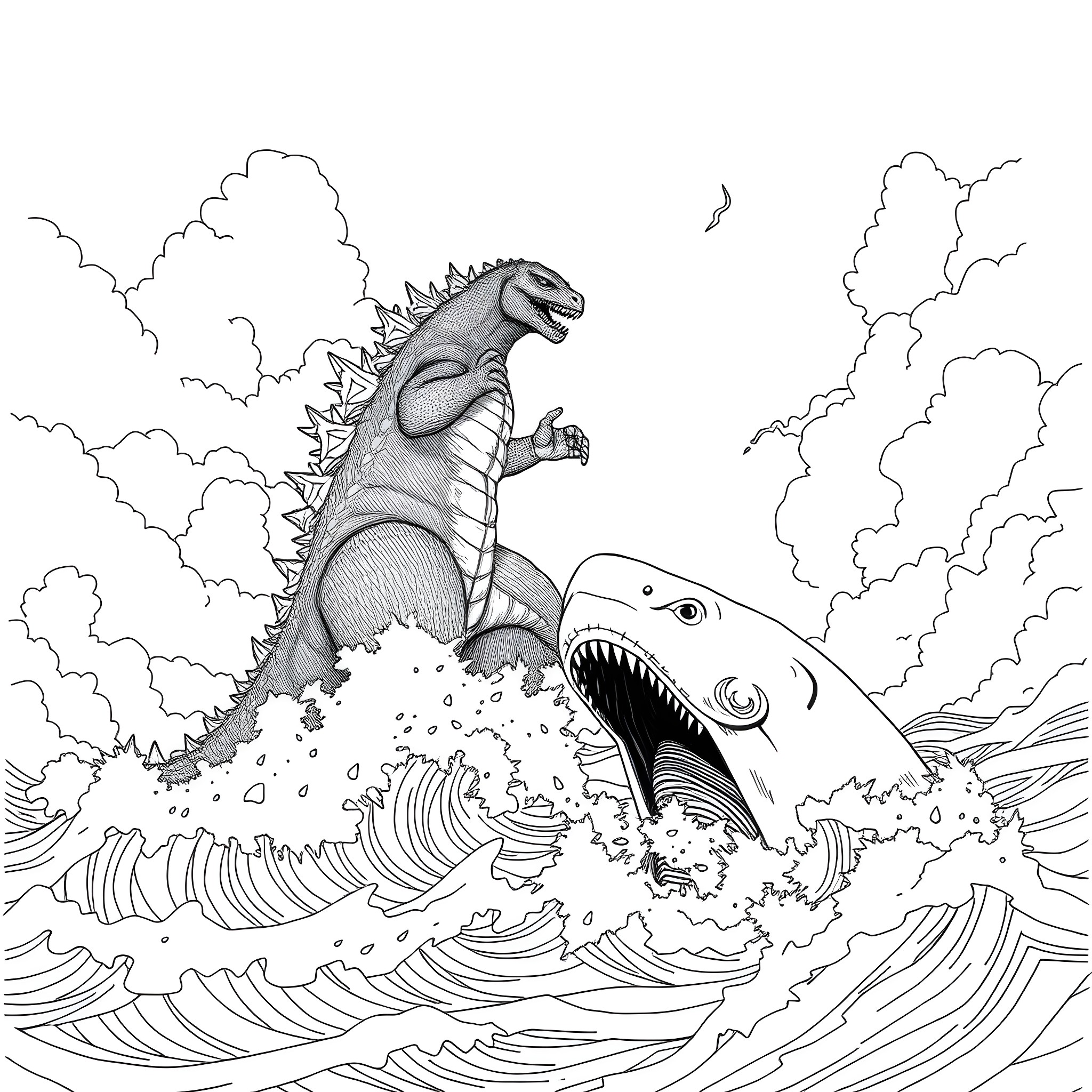 Godzilla battling a giant shark in a stormy sea Coloring Page (free black-and-white line drawing printable PDF for all, from beginners to advanced learners, including children, teens, adults, and seniors)