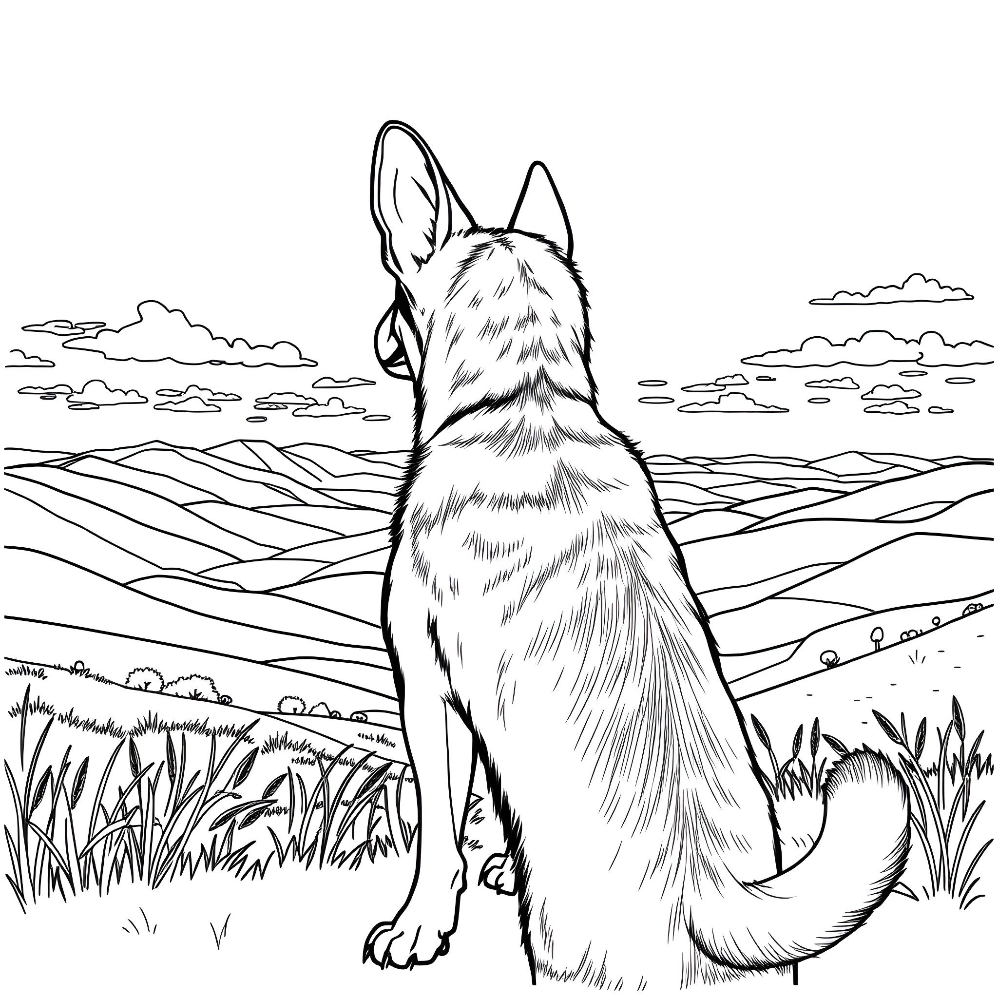 German Shepherd standing in field with landscape Coloring Page (free black-and-white line drawing printable PDF for all, from beginners to advanced learners, including children, teens, adults, and seniors)