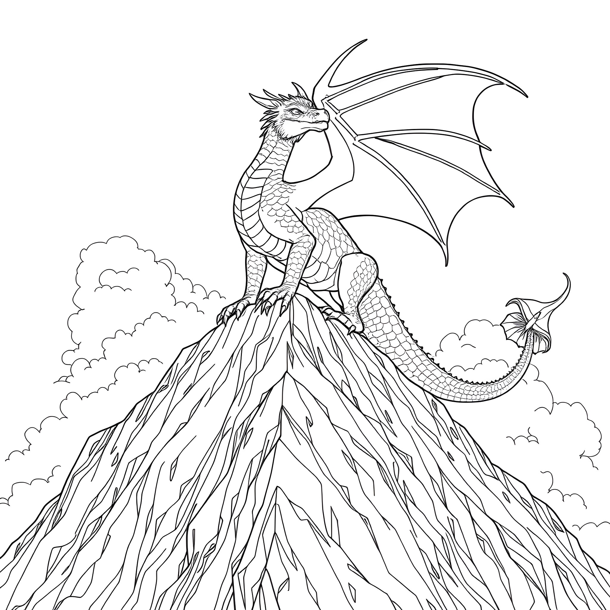 Dragon Guardian Perched Atop a Rugged Mountain Coloring Page (free black-and-white line drawing printable PDF for all, from beginners to advanced learners, including children, teens, adults, and seniors)