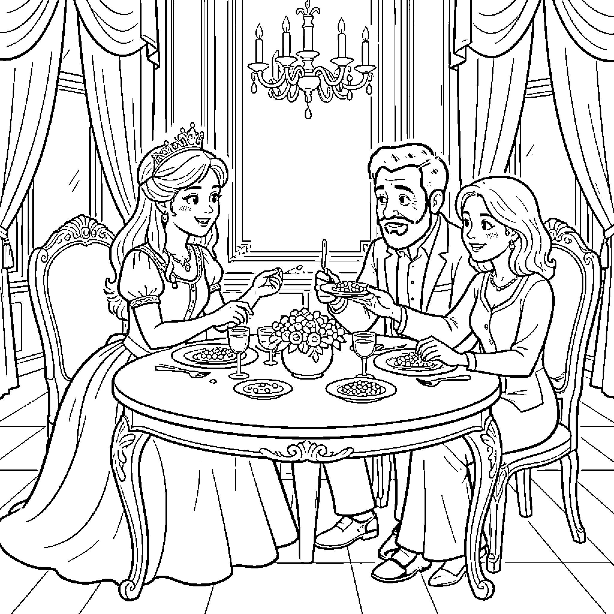 Princes and family enjoying a formal dinner together Coloring Page (free black-and-white line drawing printable PDF for all, from beginners to advanced learners, including children, teens, adults, and seniors)