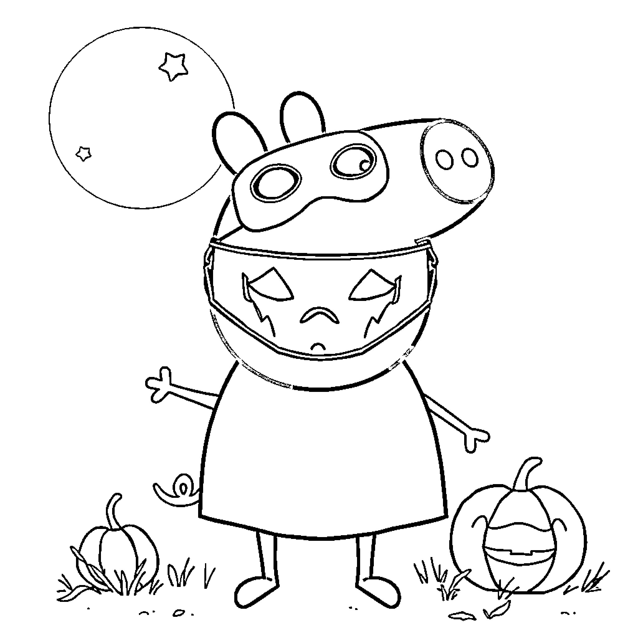 Peppa Pig in a Halloween costume Coloring Page (free black-and-white line drawing printable PDF for all, from beginners to advanced learners, including children, teens, adults, and seniors)