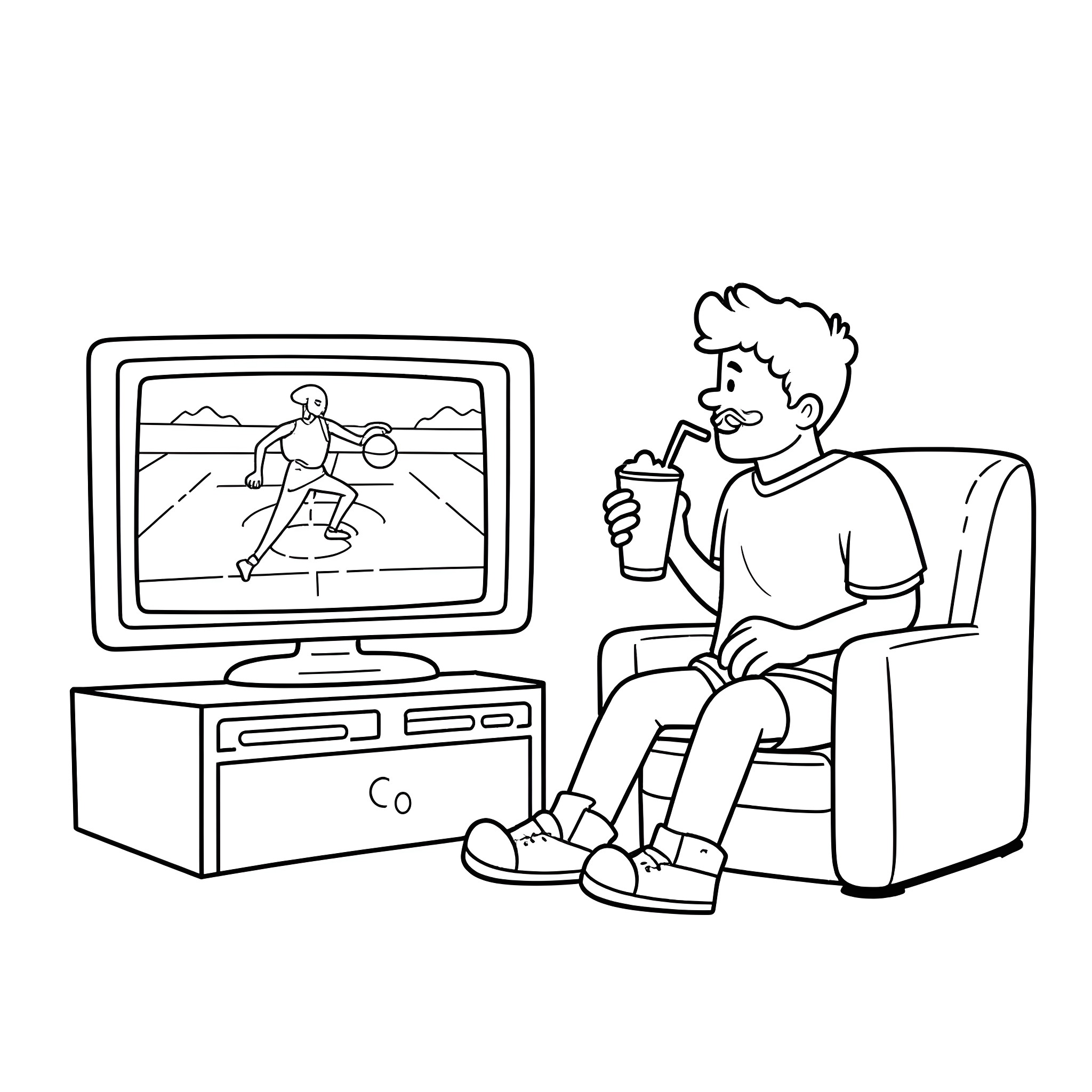 Man watching sports game on TV Coloring Page (free black-and-white line drawing printable PDF for all, from beginners to advanced learners, including children, teens, adults, and seniors)