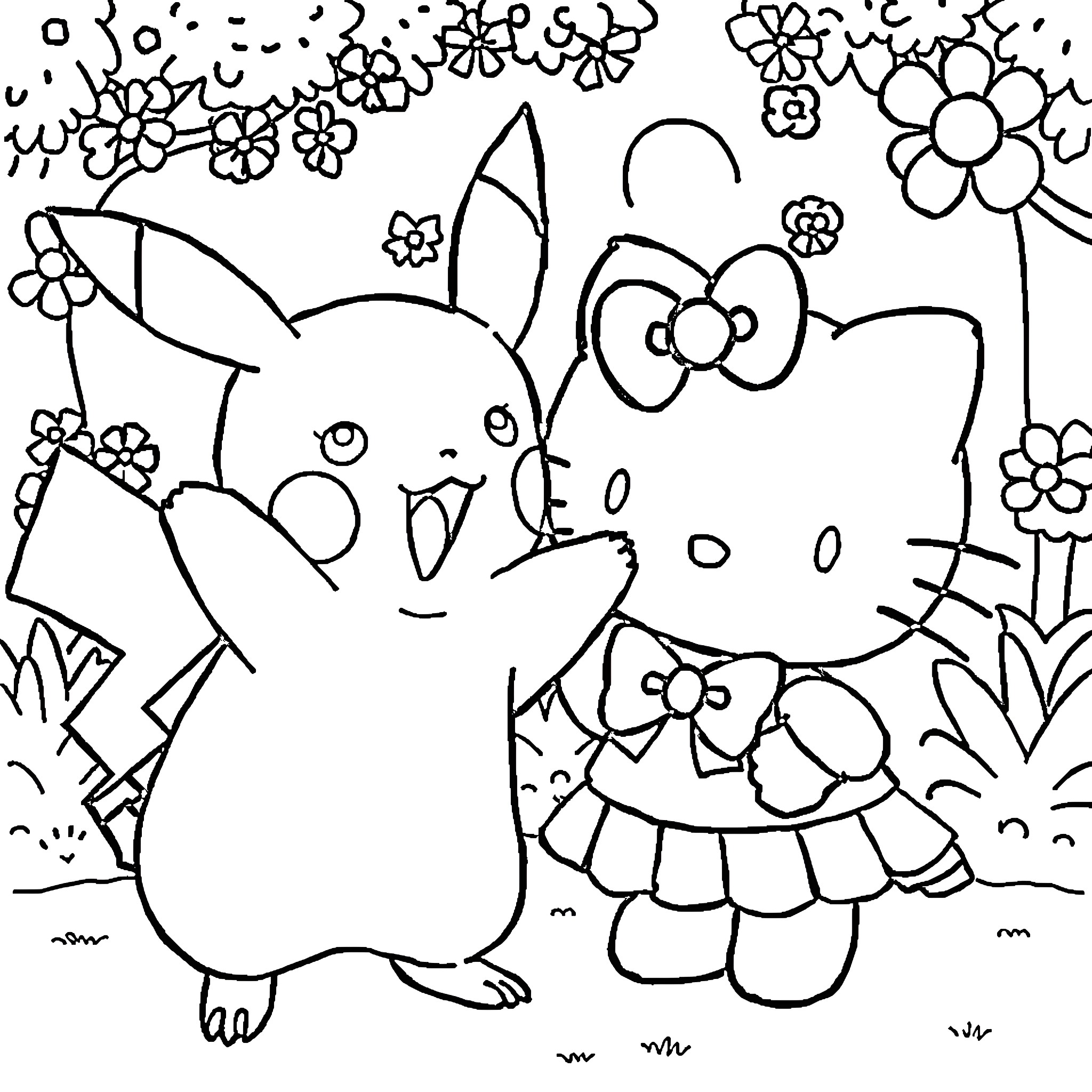 Pikachu and Hello Kitty playing in a floral garden Coloring Page (free black-and-white line drawing printable PDF for all, from beginners to advanced learners, including children, teens, adults, and seniors)