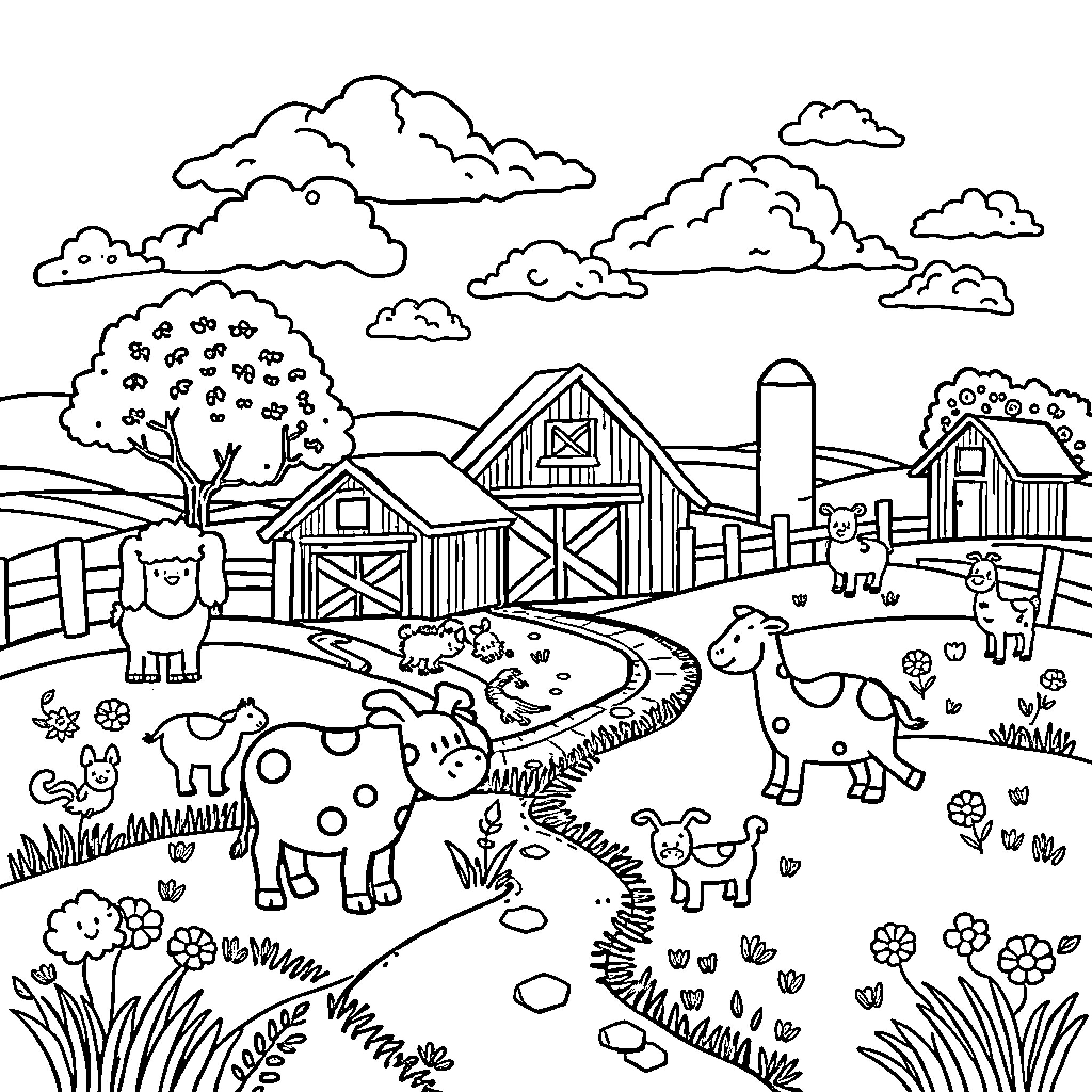 Farm with Lively Animals and Scenic Landscape Coloring Page (free black-and-white line drawing printable PDF for all, from beginners to advanced learners, including children, teens, adults, and seniors)