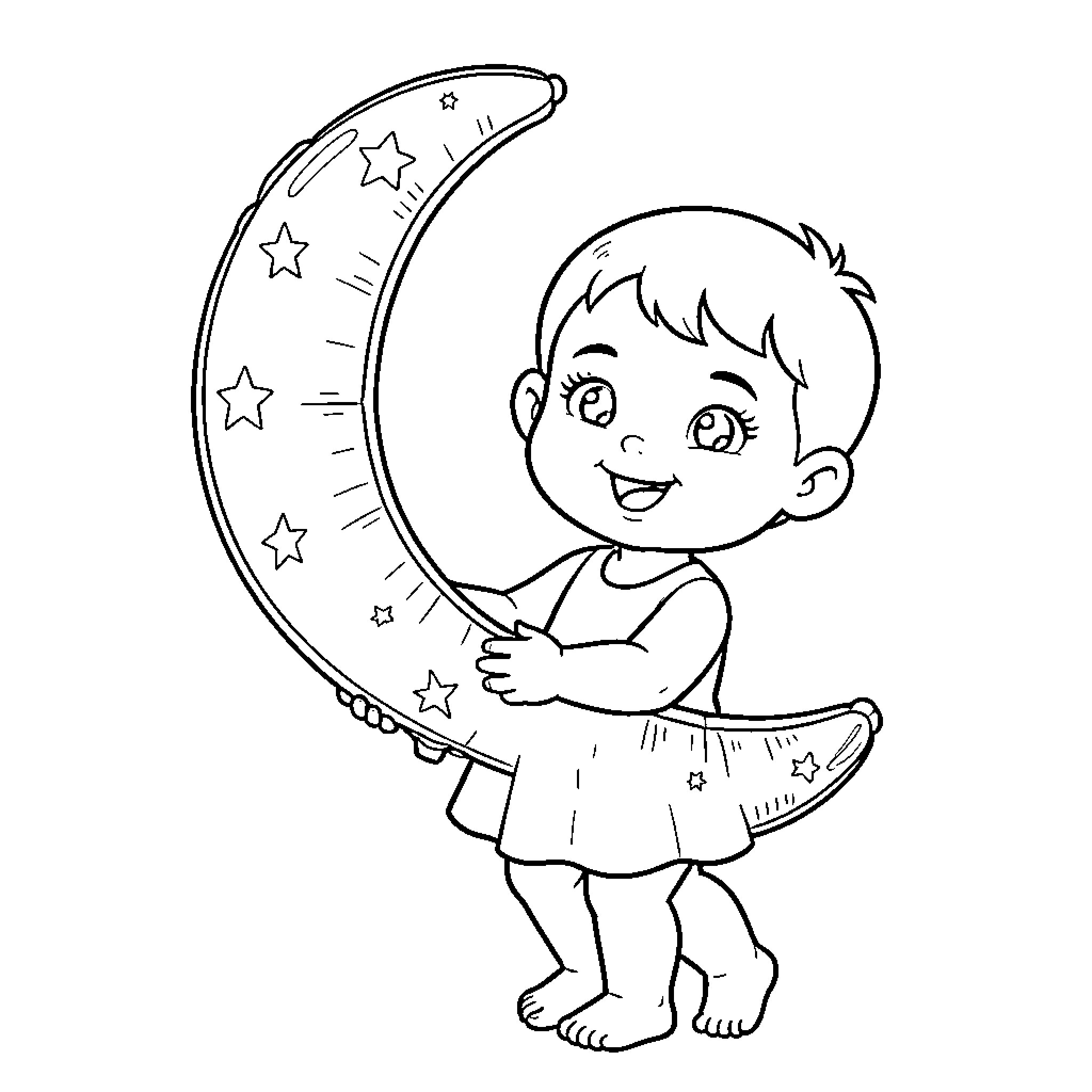 Baby sitting on crescent moon with stars Coloring Page (free black-and-white line drawing printable PDF for all, from beginners to advanced learners, including children, teens, adults, and seniors)