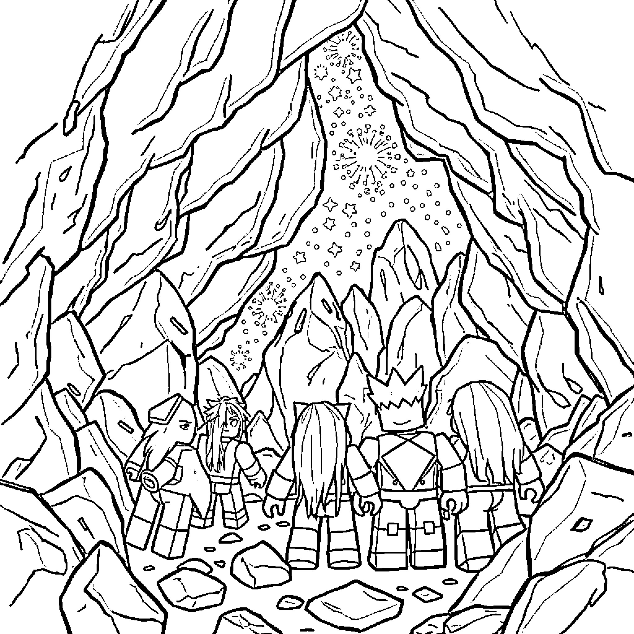 Roblox Characters Exploring Mysterious Crystal Cave Coloring Page (free black-and-white line drawing printable PDF for all, from beginners to advanced learners, including children, teens, adults, and seniors)