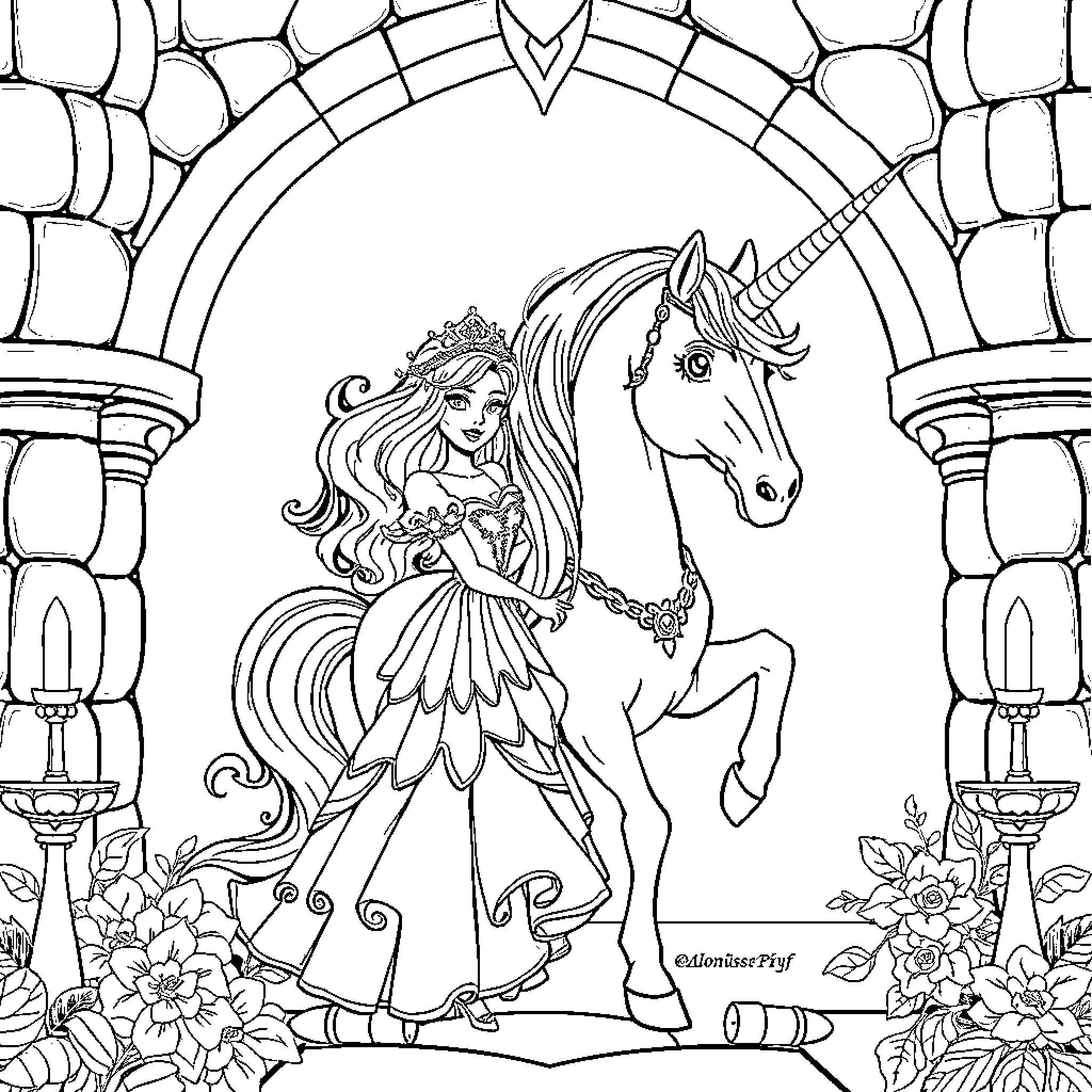 Dog princess riding a unicorn in the castle Coloring Page (free black-and-white line drawing printable PDF for all, from beginners to advanced learners, including children, teens, adults, and seniors)