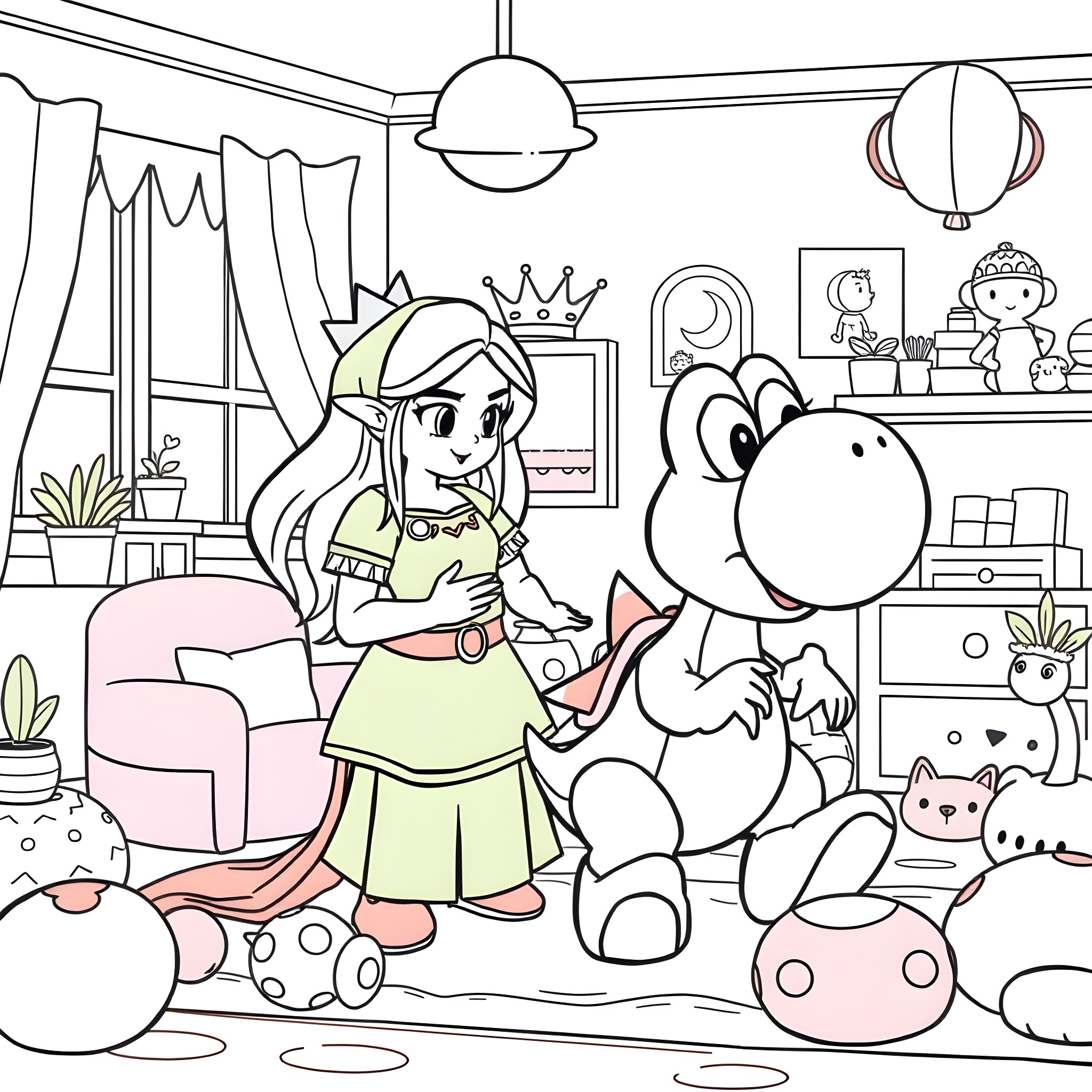 Princess Zelda playing with a Yoshi in her cozy bedroom Coloring Page (free black-and-white line drawing printable PDF for all, from beginners to advanced learners, including children, teens, adults, and seniors)