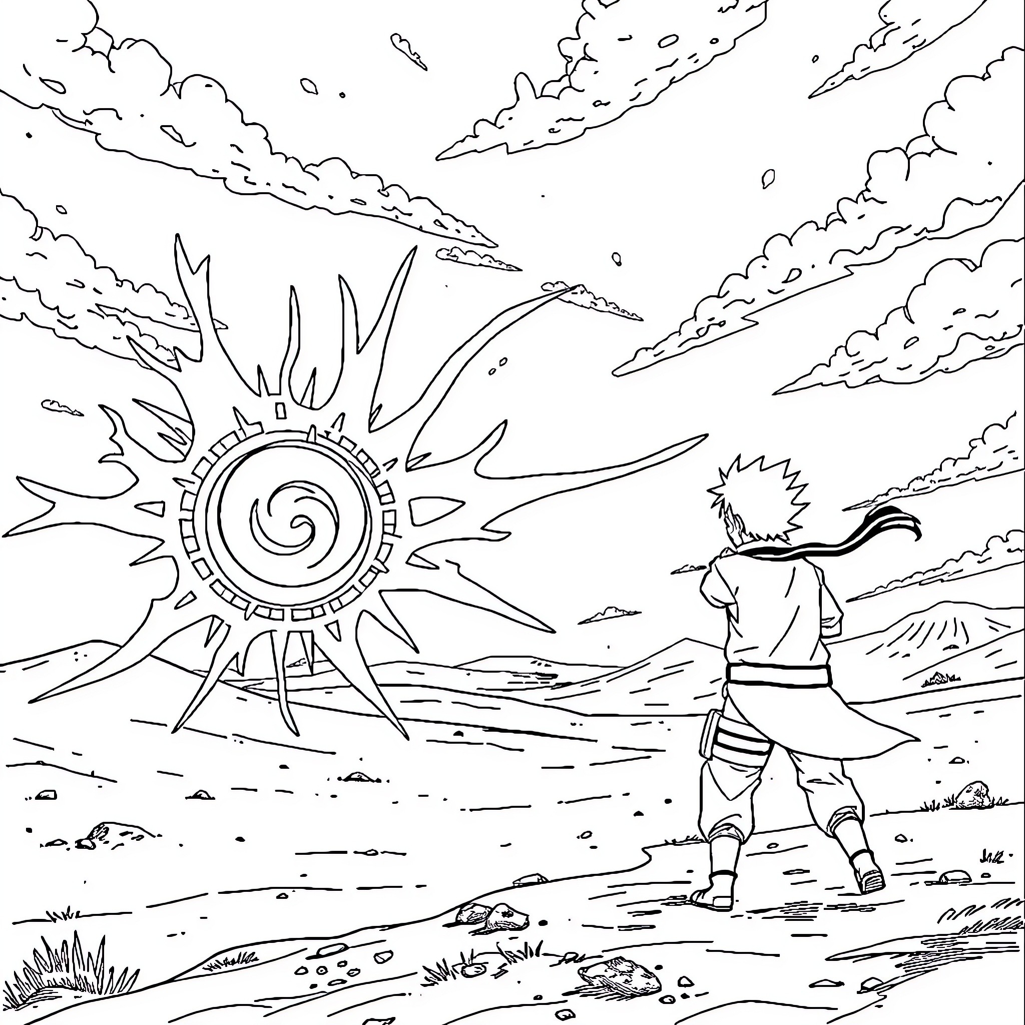 Naruto facing the Sun's Spiraling Symbol Coloring Page (free black-and-white line drawing printable PDF for all, from beginners to advanced learners, including children, teens, adults, and seniors)