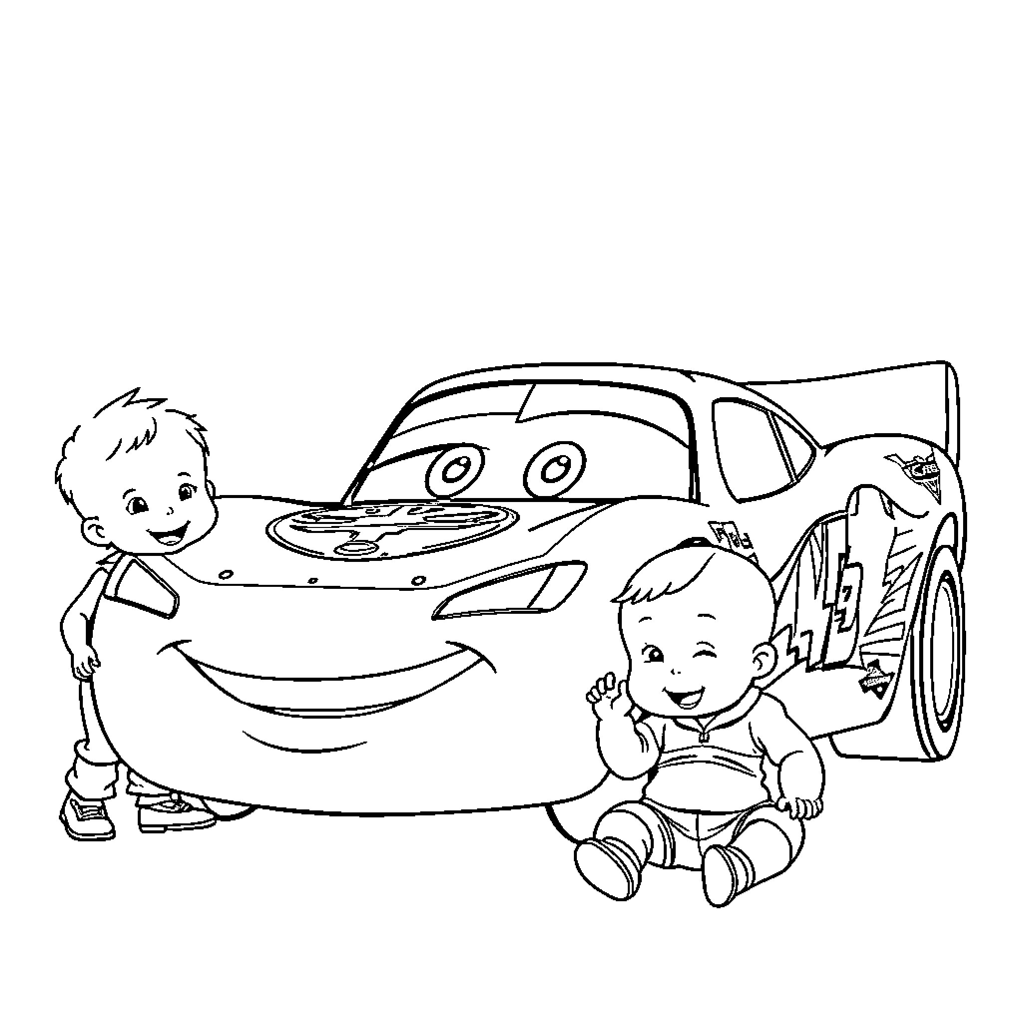 Rayo McQueen helping kids enjoy a fun coloring activity Coloring Page (free black-and-white line drawing printable PDF for all, from beginners to advanced learners, including children, teens, adults, and seniors)