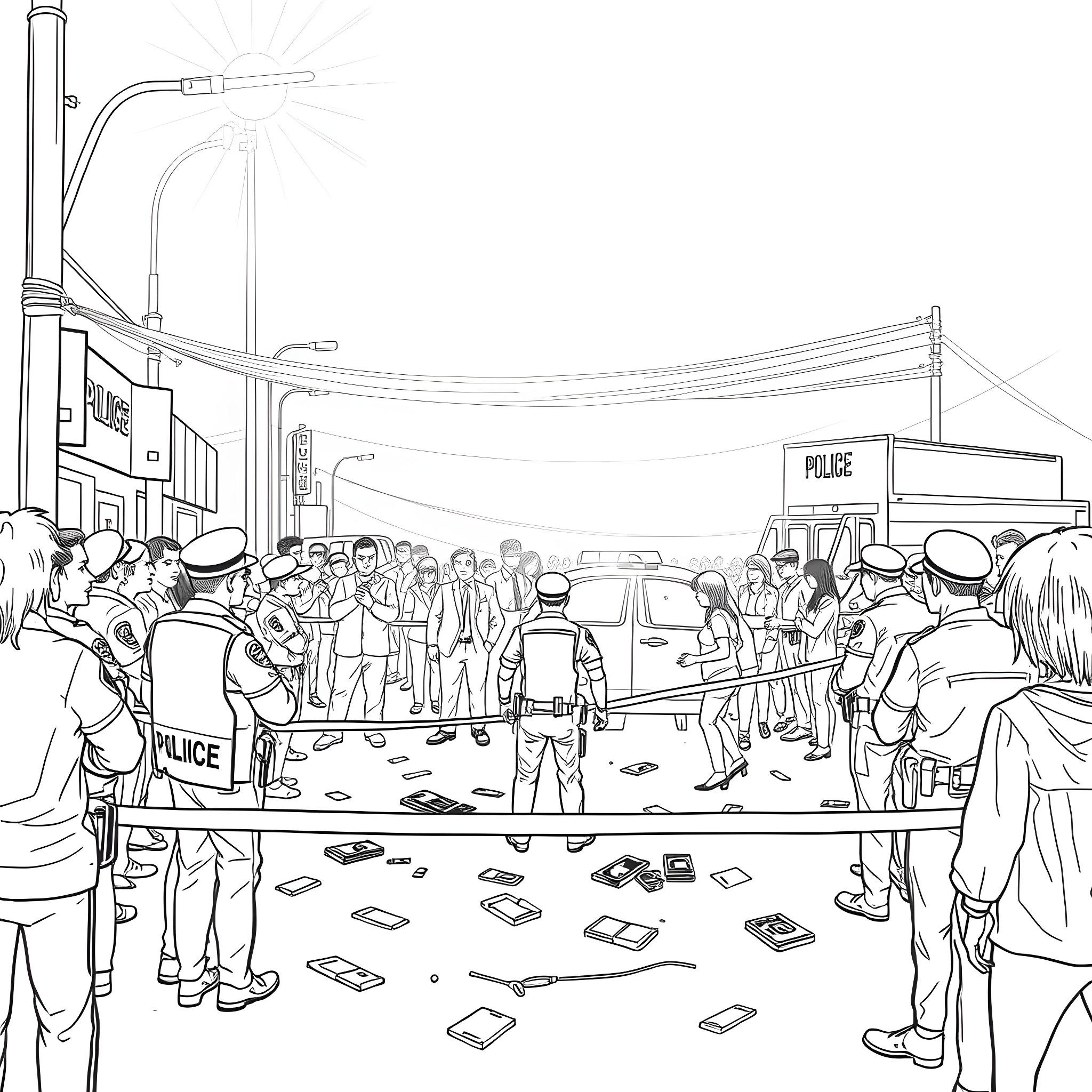 Police officers responding to an incident in the city Coloring Page (free black-and-white line drawing printable PDF for all, from beginners to advanced learners, including children, teens, adults, and seniors)