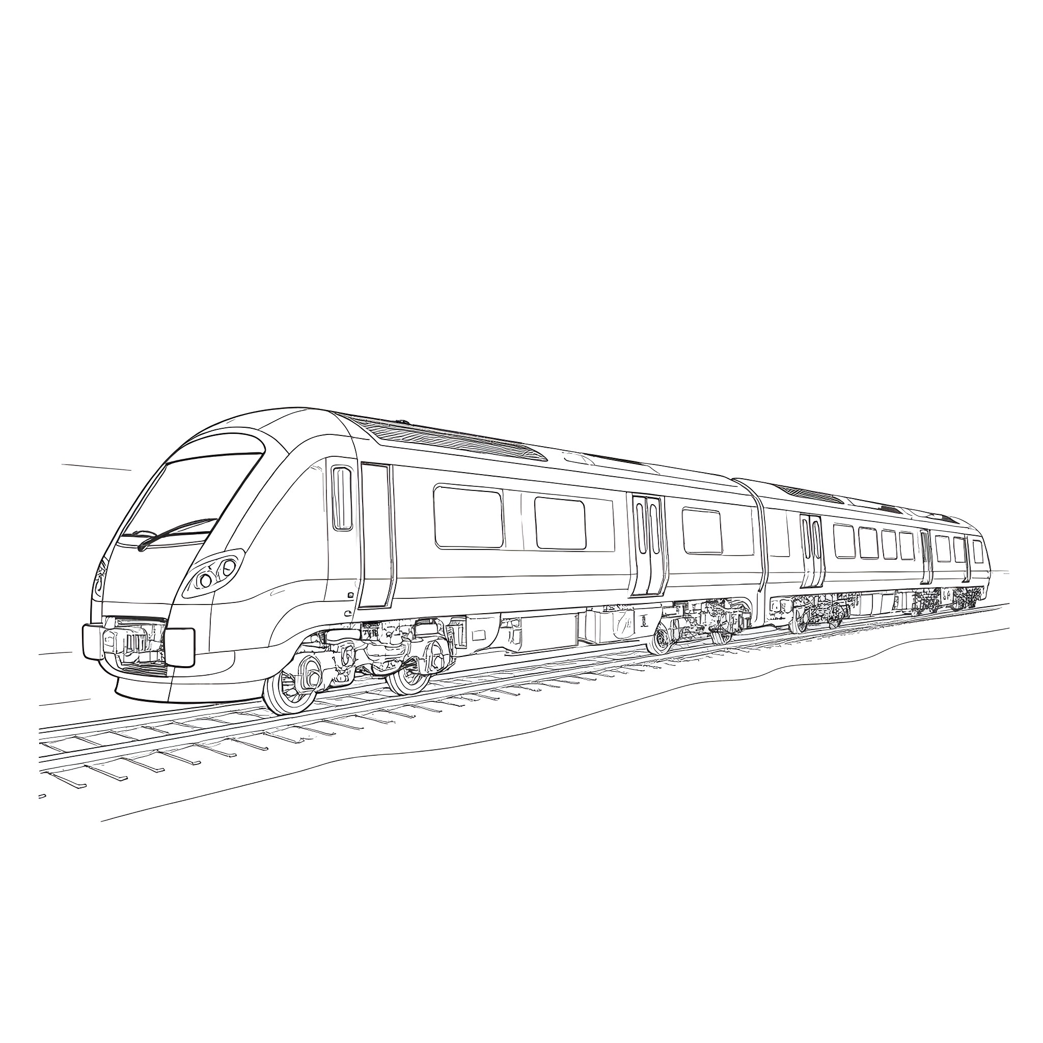 Train in motion on railway track Coloring Page (free black-and-white line drawing printable PDF for all, from beginners to advanced learners, including children, teens, adults, and seniors)