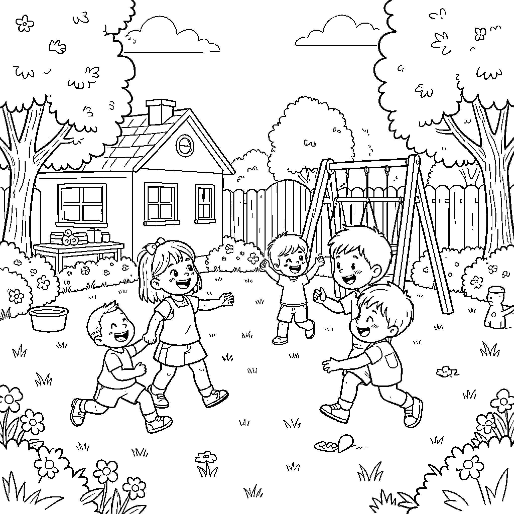 Child playing joyfully with friends in a backyard Coloring Page (free black-and-white line drawing printable PDF for all, from beginners to advanced learners, including children, teens, adults, and seniors)