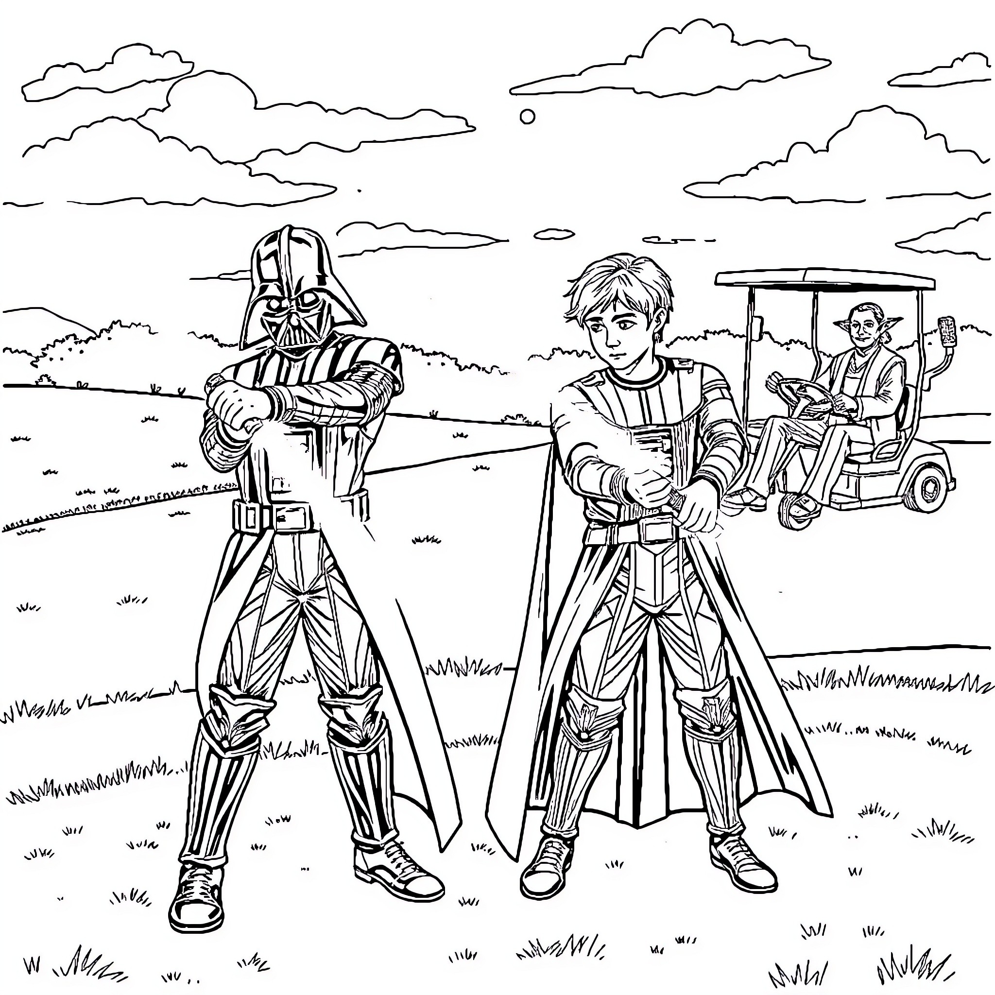 Darth Vader confronts Luke Skywalker in a desert landscape Coloring Page (free black-and-white line drawing printable PDF for all, from beginners to advanced learners, including children, teens, adults, and seniors)