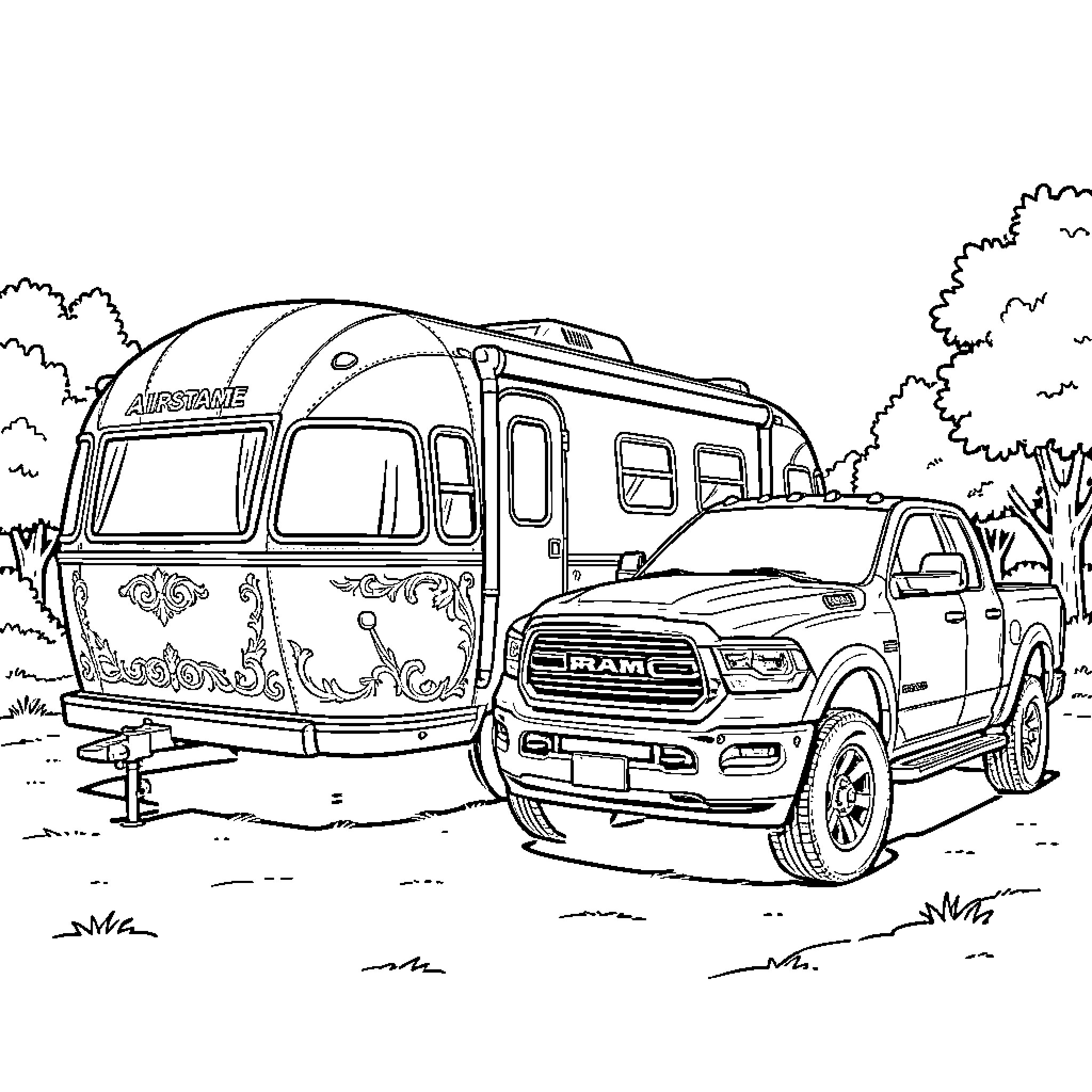 Airstream trailer being towed by a large pickup truck Coloring Page (free black-and-white line drawing printable PDF for all, from beginners to advanced learners, including children, teens, adults, and seniors)