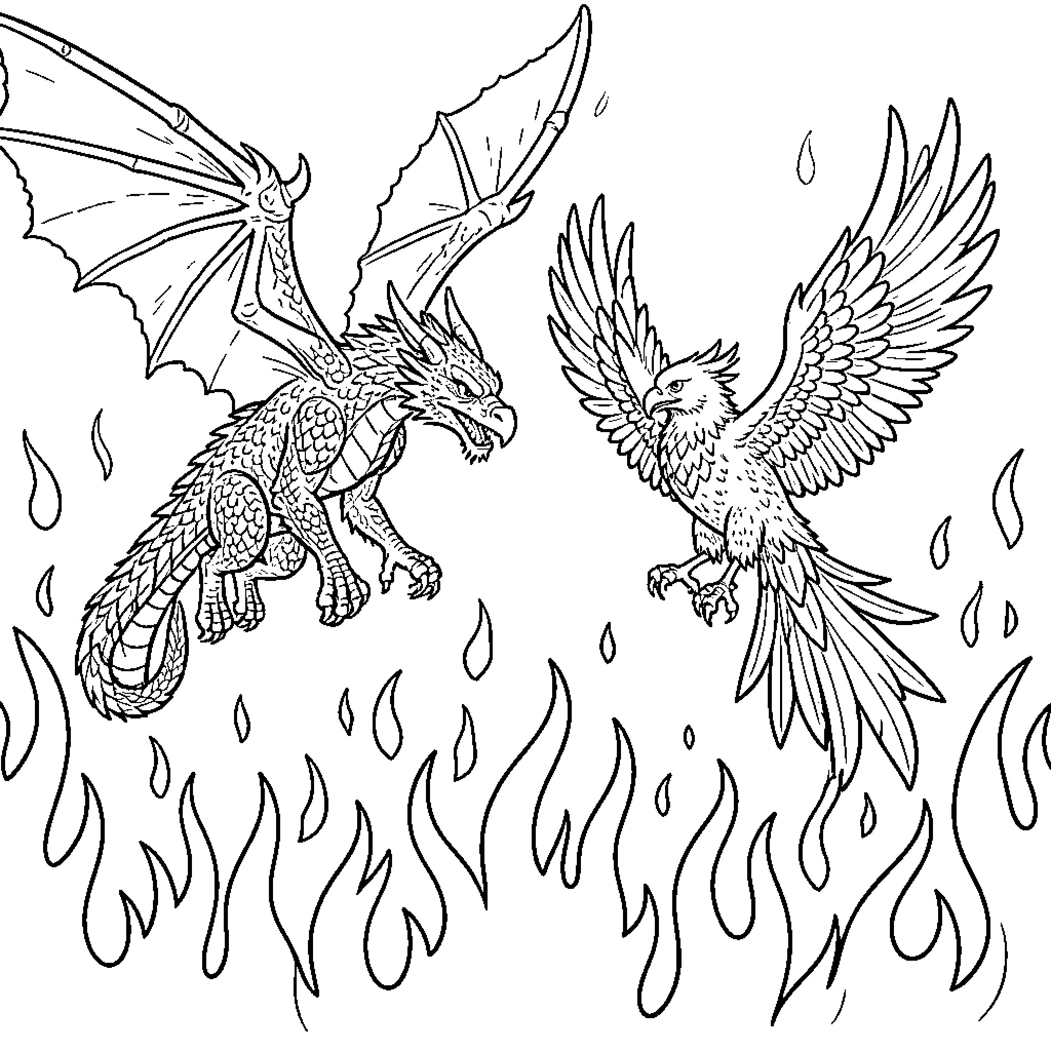 Dragon and Phoenix Engaged in Fierce Aerial Battle Coloring Page (free black-and-white line drawing printable PDF for all, from beginners to advanced learners, including children, teens, adults, and seniors)