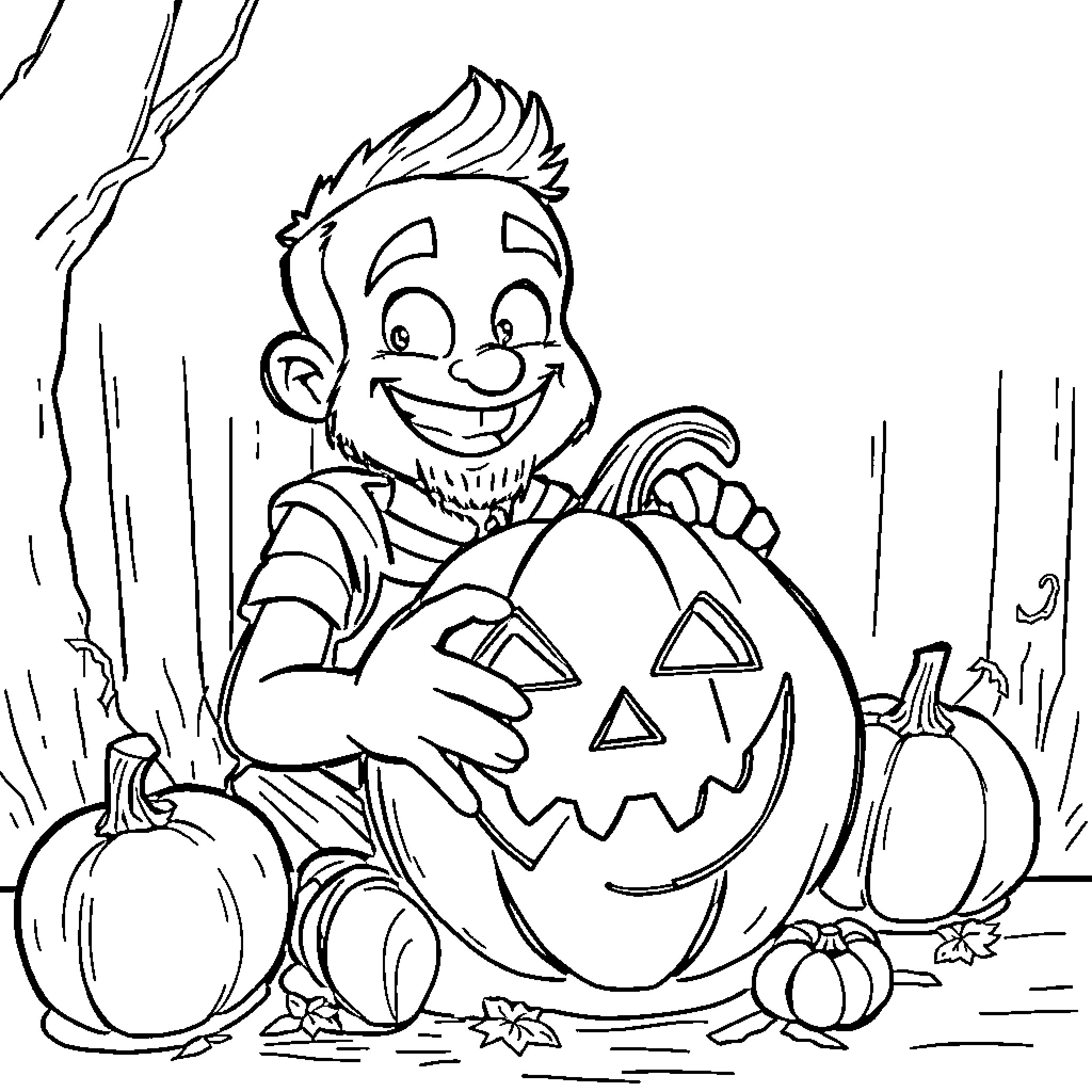 Giannis carving a happy pumpkin in the autumn Coloring Page (free black-and-white line drawing printable PDF for all, from beginners to advanced learners, including children, teens, adults, and seniors)