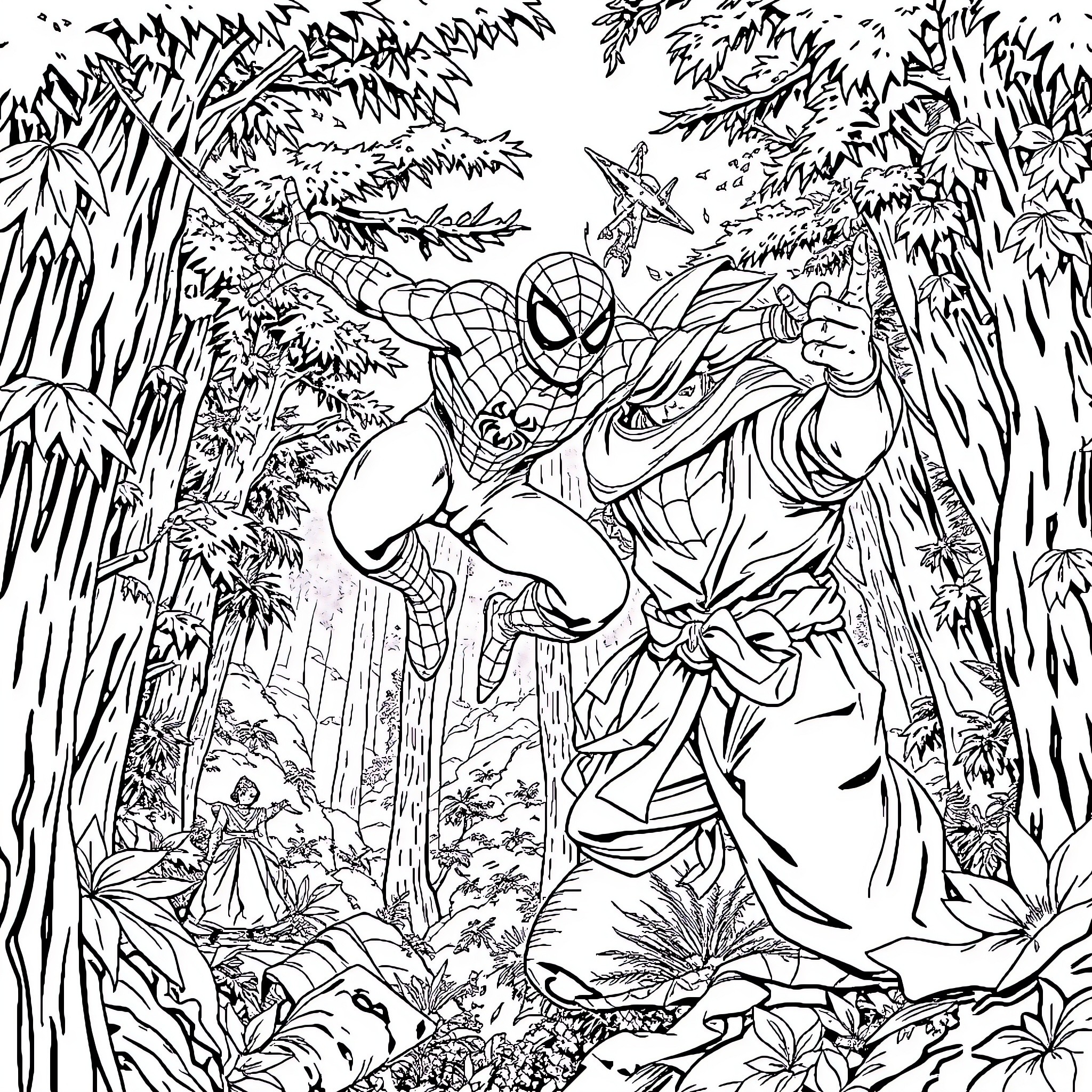 Spiderman swinging through a lush jungle landscape Coloring Page (free black-and-white line drawing printable PDF for all, from beginners to advanced learners, including children, teens, adults, and seniors)
