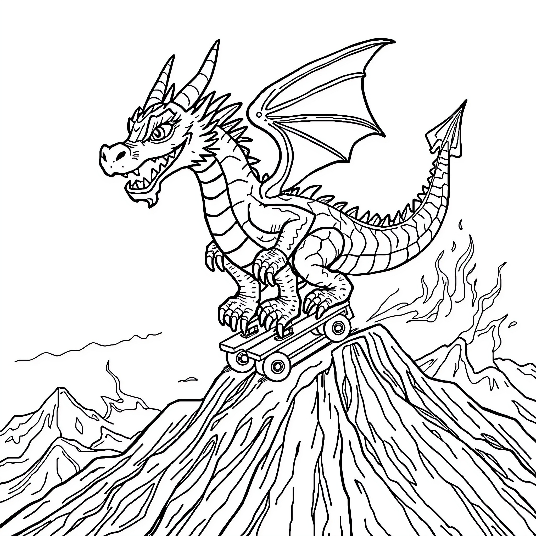 Dragon riding a fire-breathing scooter over a volcanic landscape Coloring Page (free black-and-white line drawing printable PDF for all, from beginners to advanced learners, including children, teens, adults, and seniors)
