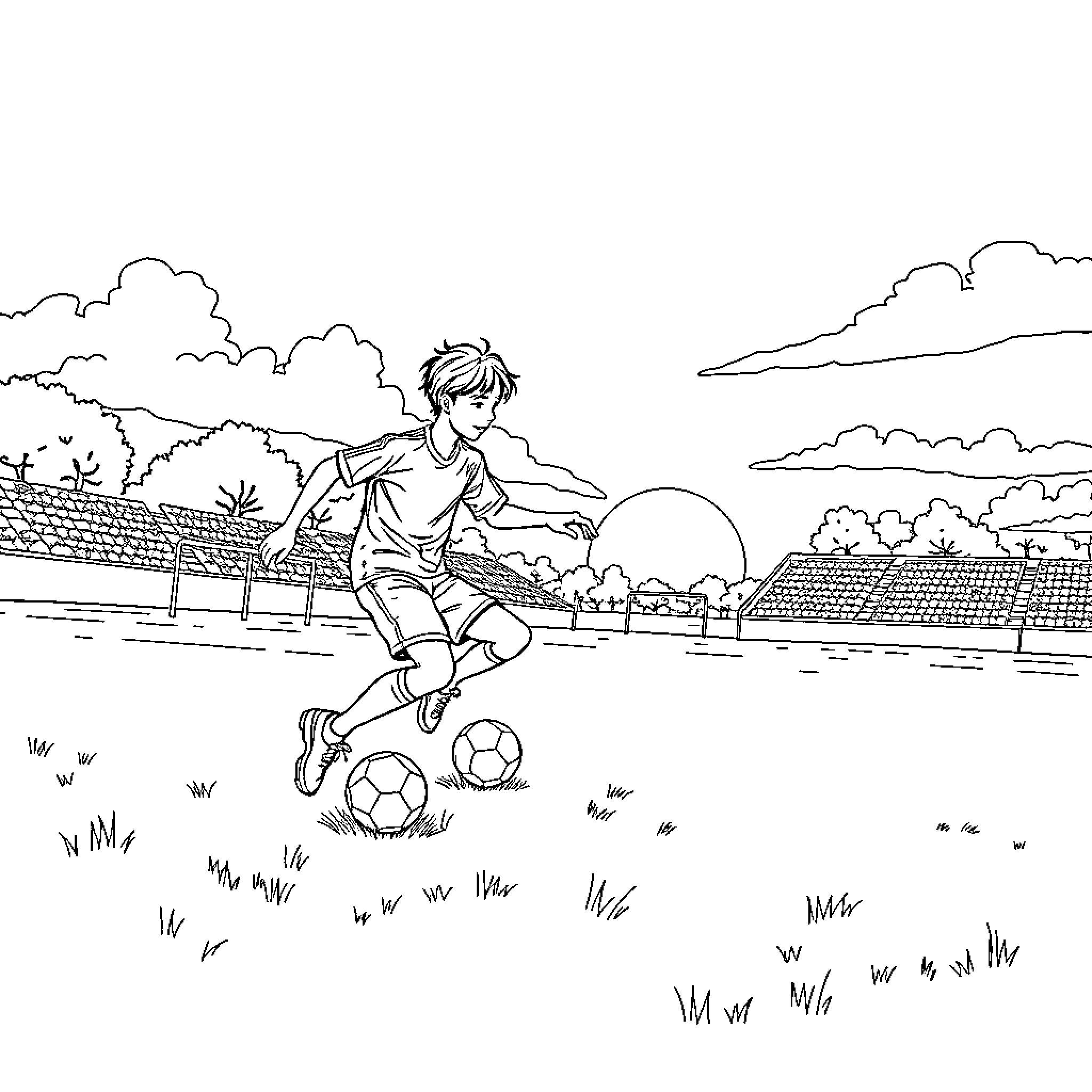 Hunter dribbles soccer ball on grassy field Coloring Page (free black-and-white line drawing printable PDF for all, from beginners to advanced learners, including children, teens, adults, and seniors)