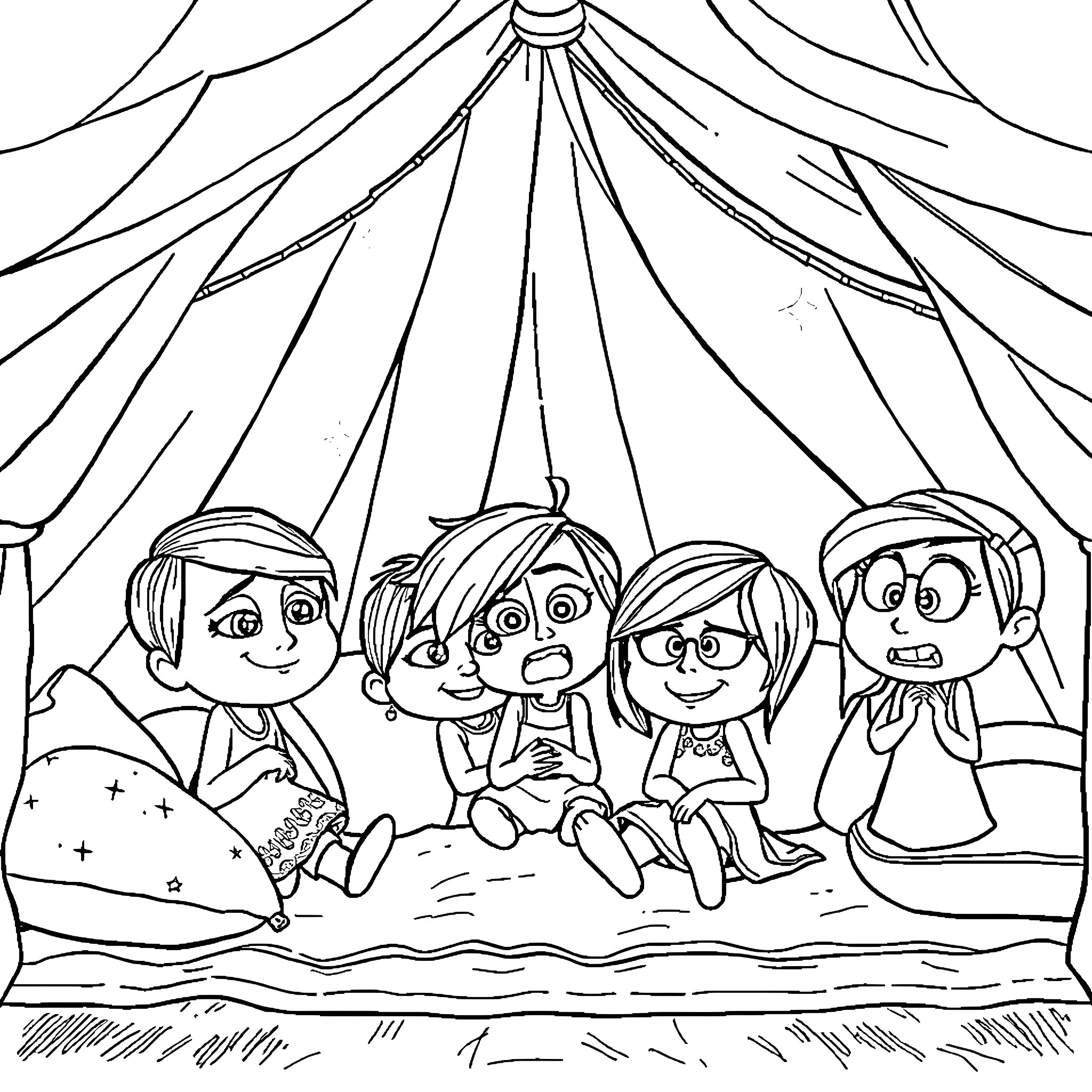 Inside Out: Cartoon Characters at the Circus Coloring Page (free black-and-white line drawing printable PDF for all, from beginners to advanced learners, including children, teens, adults, and seniors)