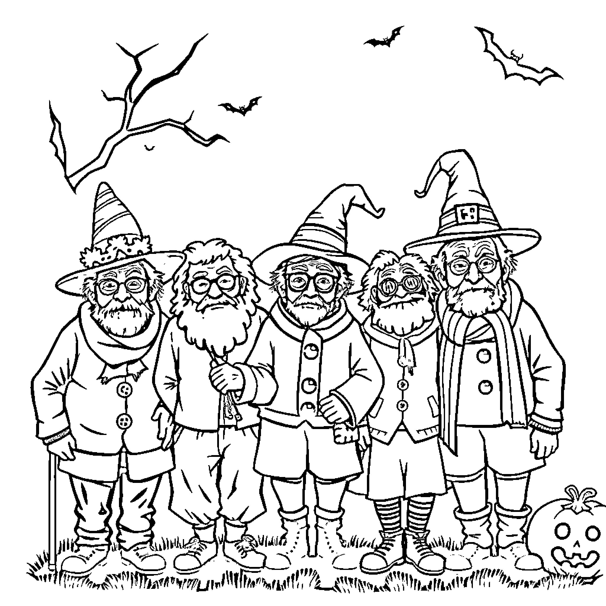 Old People Celebrating Halloween in Costumes Coloring Page (free black-and-white line drawing printable PDF for all, from beginners to advanced learners, including children, teens, adults, and seniors)
