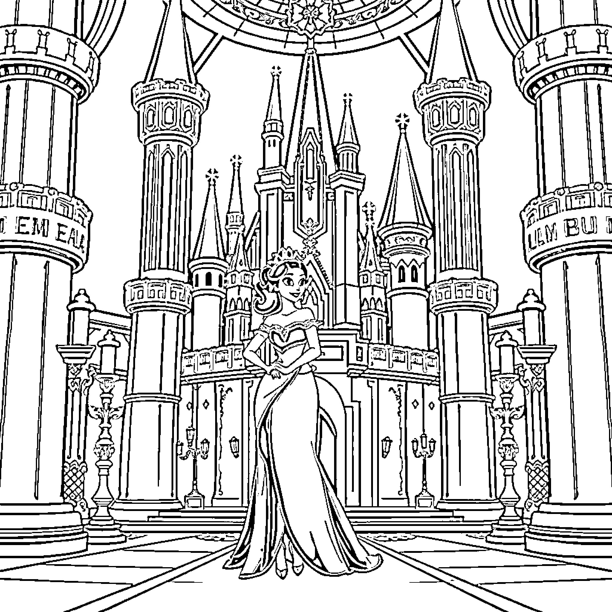 Princess in a Majestic Castle Scene Coloring Page (free black-and-white line drawing printable PDF for all, from beginners to advanced learners, including children, teens, adults, and seniors)