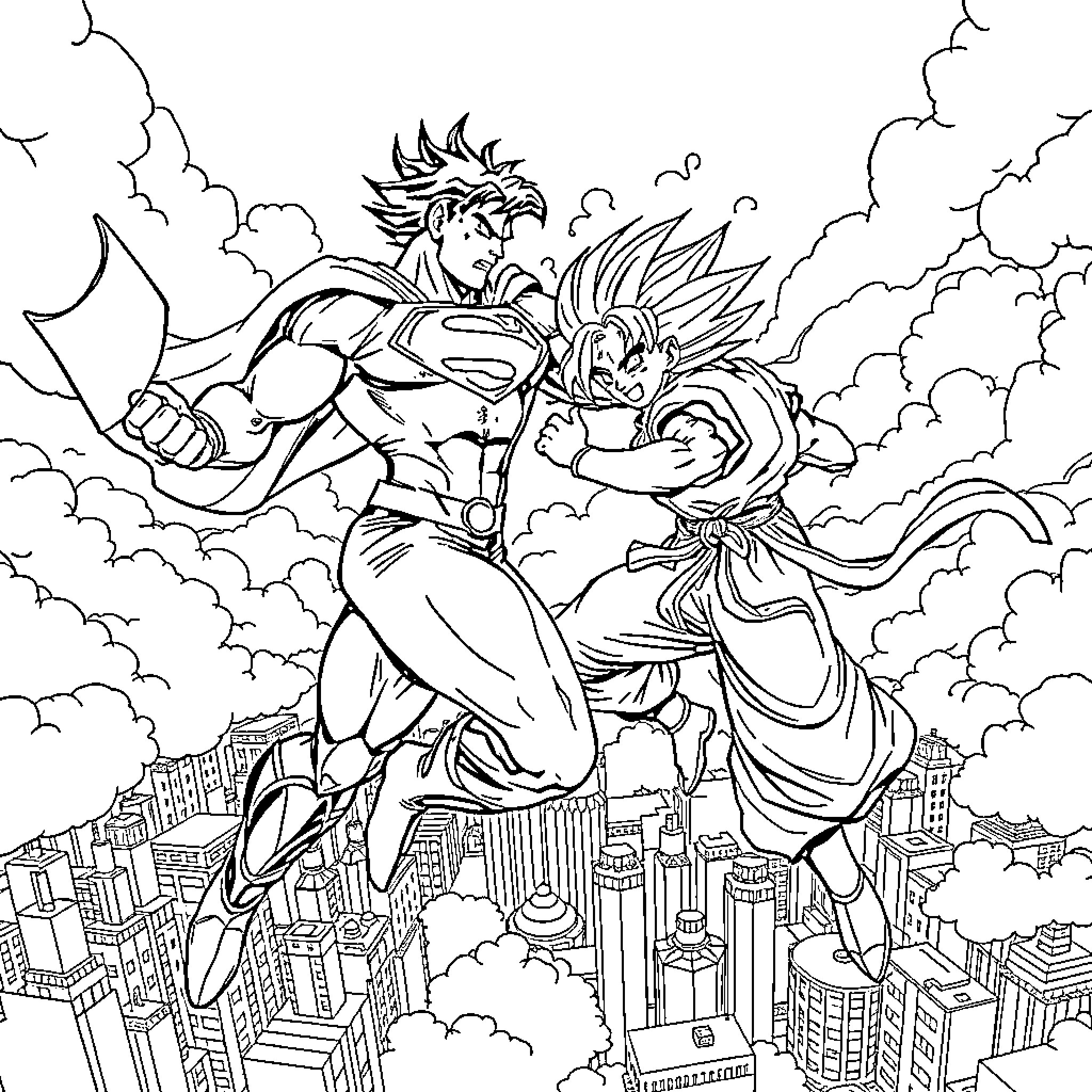 Superman and Goku's Clash Over the Cityscape Coloring Page (free black-and-white line drawing printable PDF for all, from beginners to advanced learners, including children, teens, adults, and seniors)