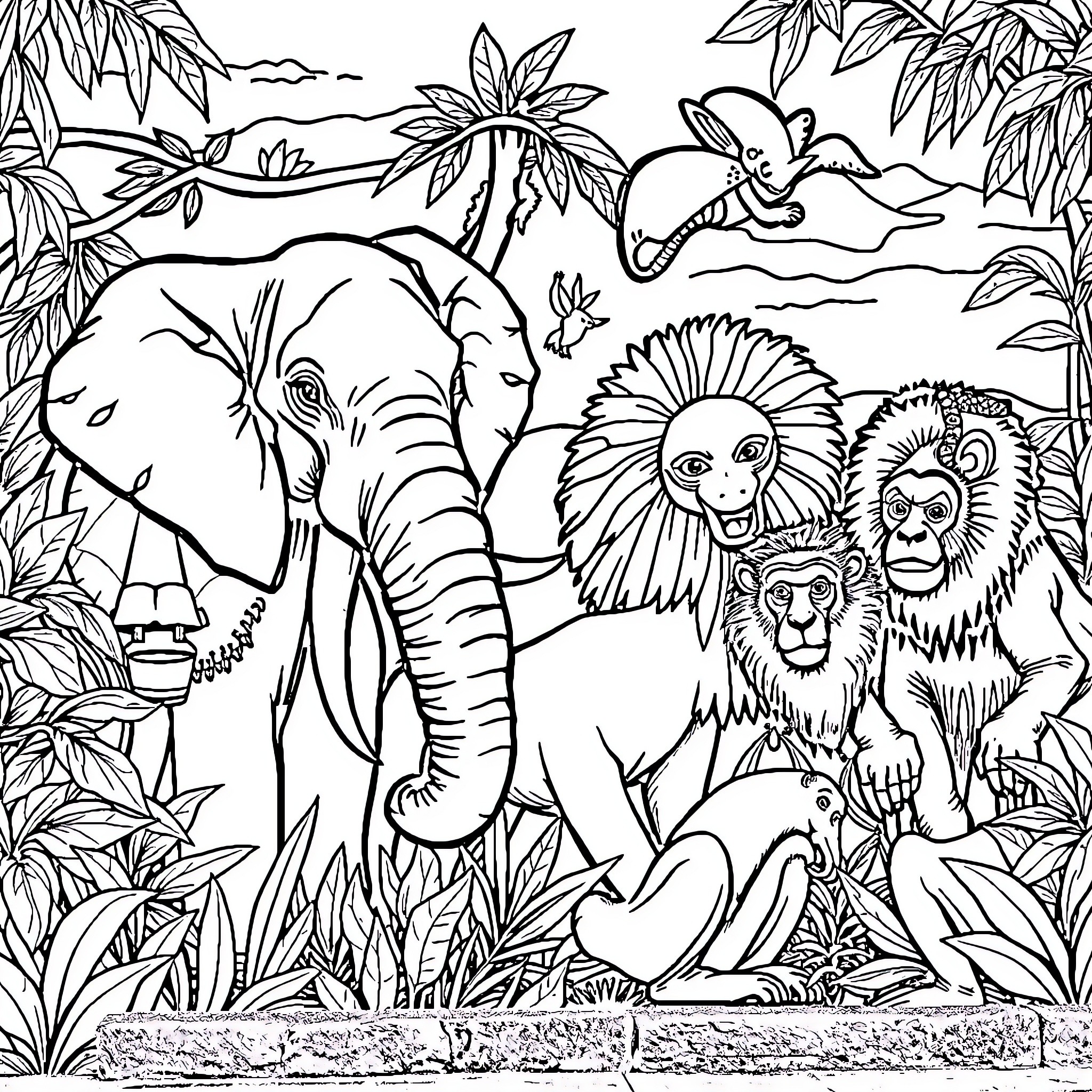 Animal Jungle Creatures in Scenic Setting Coloring Page (free black-and-white line drawing printable PDF for all, from beginners to advanced learners, including children, teens, adults, and seniors)
