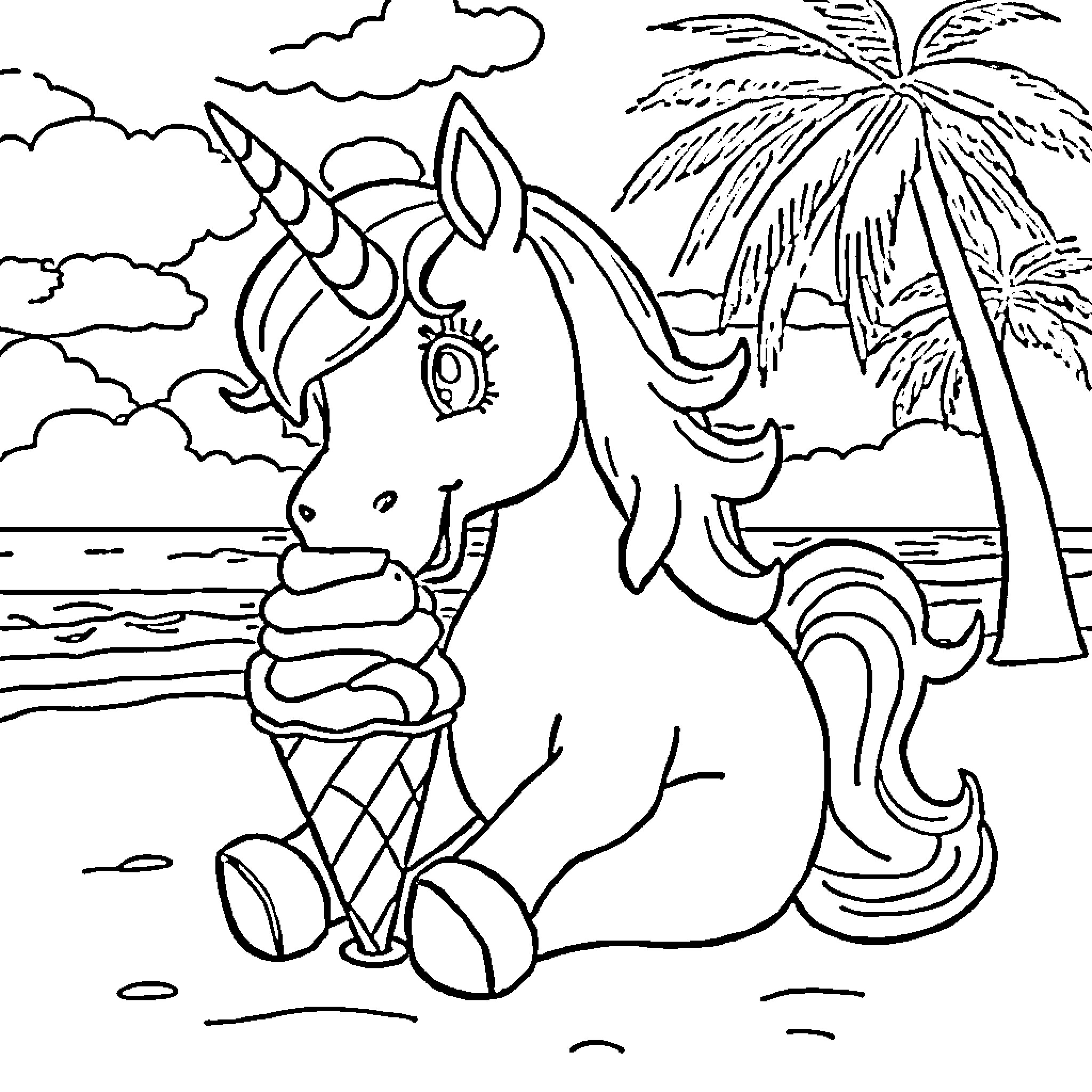 Unicorn enjoying ice cream on the beach Coloring Page (free black-and-white line drawing printable PDF for all, from beginners to advanced learners, including children, teens, adults, and seniors)