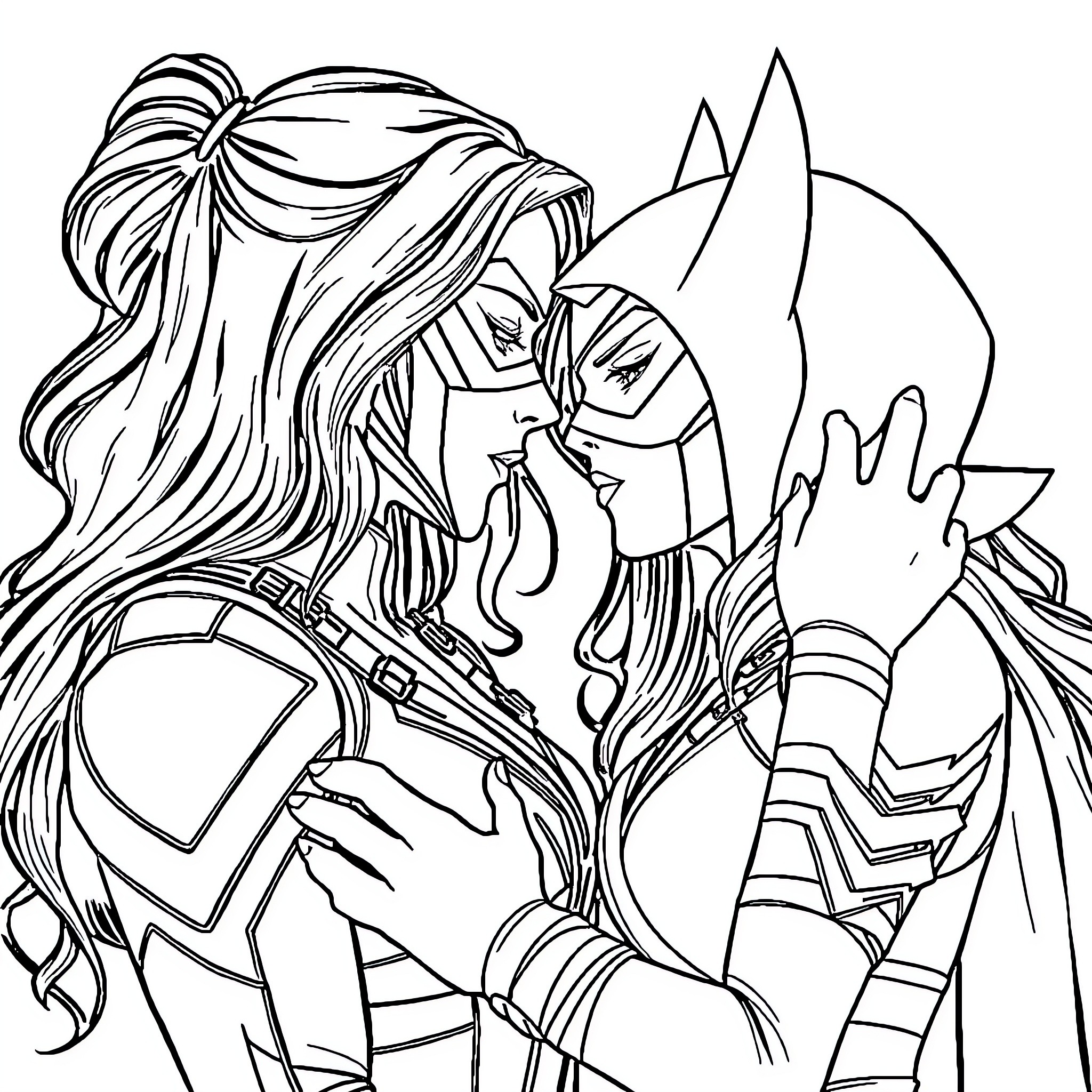 Black Widow in action pose with weaponry Coloring Page (free black-and-white line drawing printable PDF for all, from beginners to advanced learners, including children, teens, adults, and seniors)