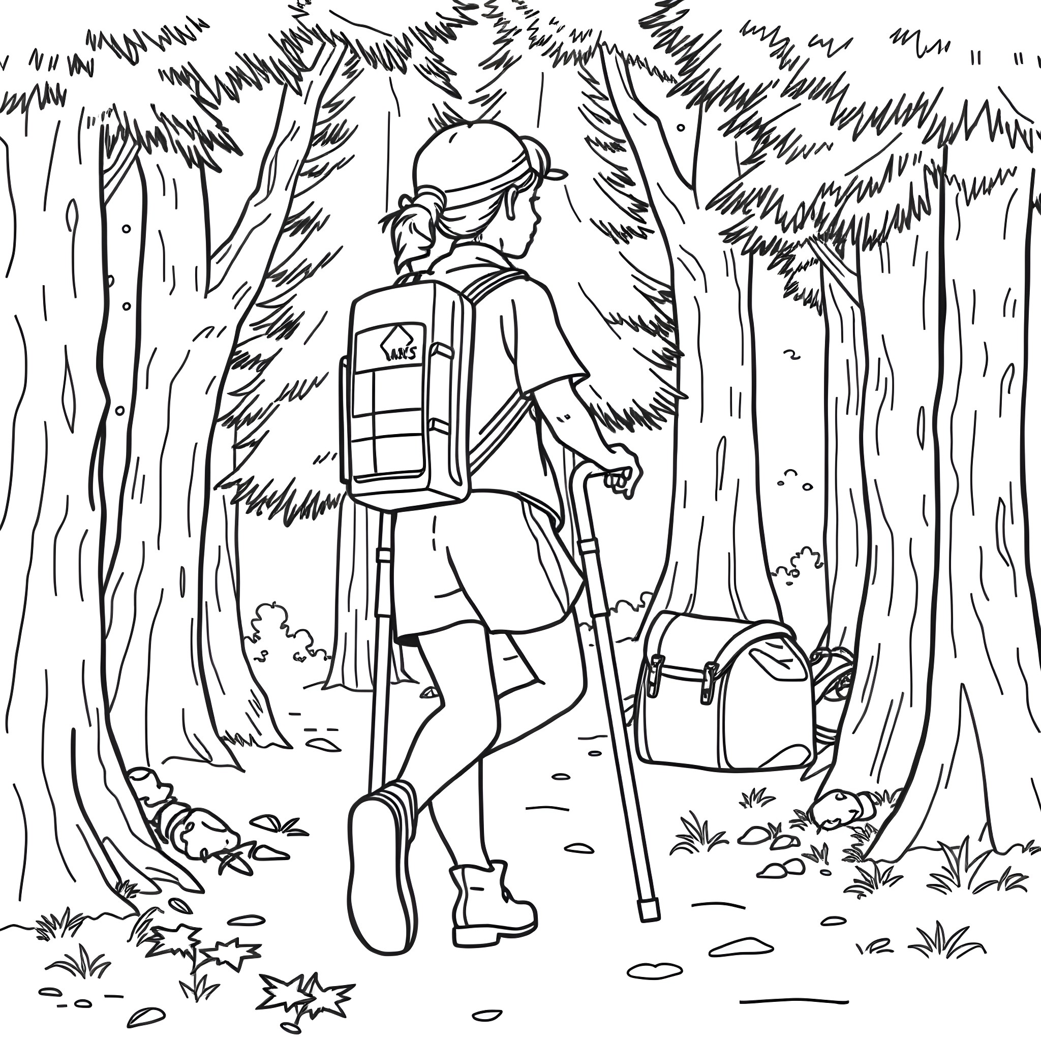 Girl Scout hiking in the forest with backpack and gear Coloring Page (free black-and-white line drawing printable PDF for all, from beginners to advanced learners, including children, teens, adults, and seniors)