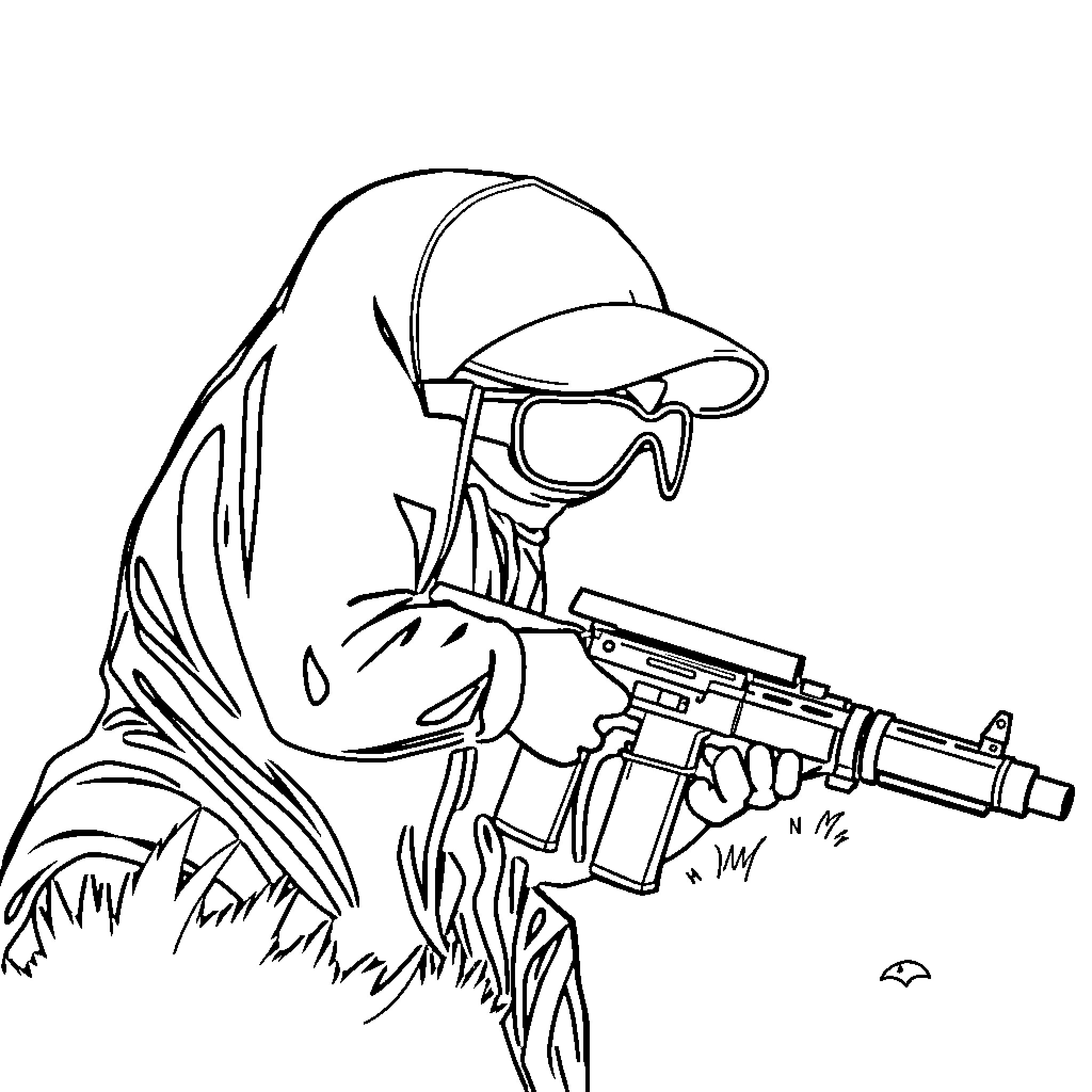 HUNTR/X Soldier in Combat Gear Aiming Weapon Coloring Page (free black-and-white line drawing printable PDF for all, from beginners to advanced learners, including children, teens, adults, and seniors)