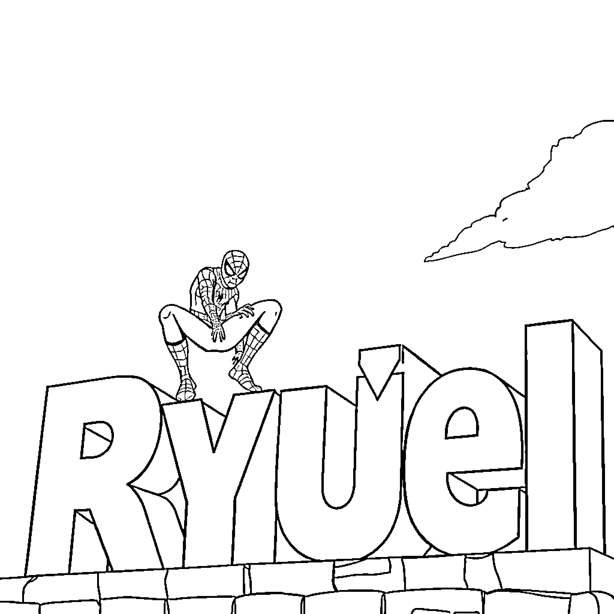 Spider-Man crouching on a large text Coloring Page (free black-and-white line drawing printable PDF for all, from beginners to advanced learners, including children, teens, adults, and seniors)