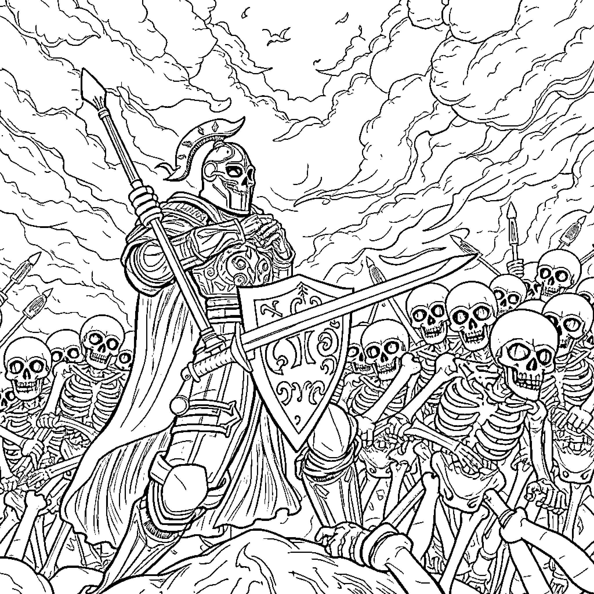 Knight battles a horde of skeletons in a stormy scene Coloring Page (free black-and-white line drawing printable PDF for all, from beginners to advanced learners, including children, teens, adults, and seniors)