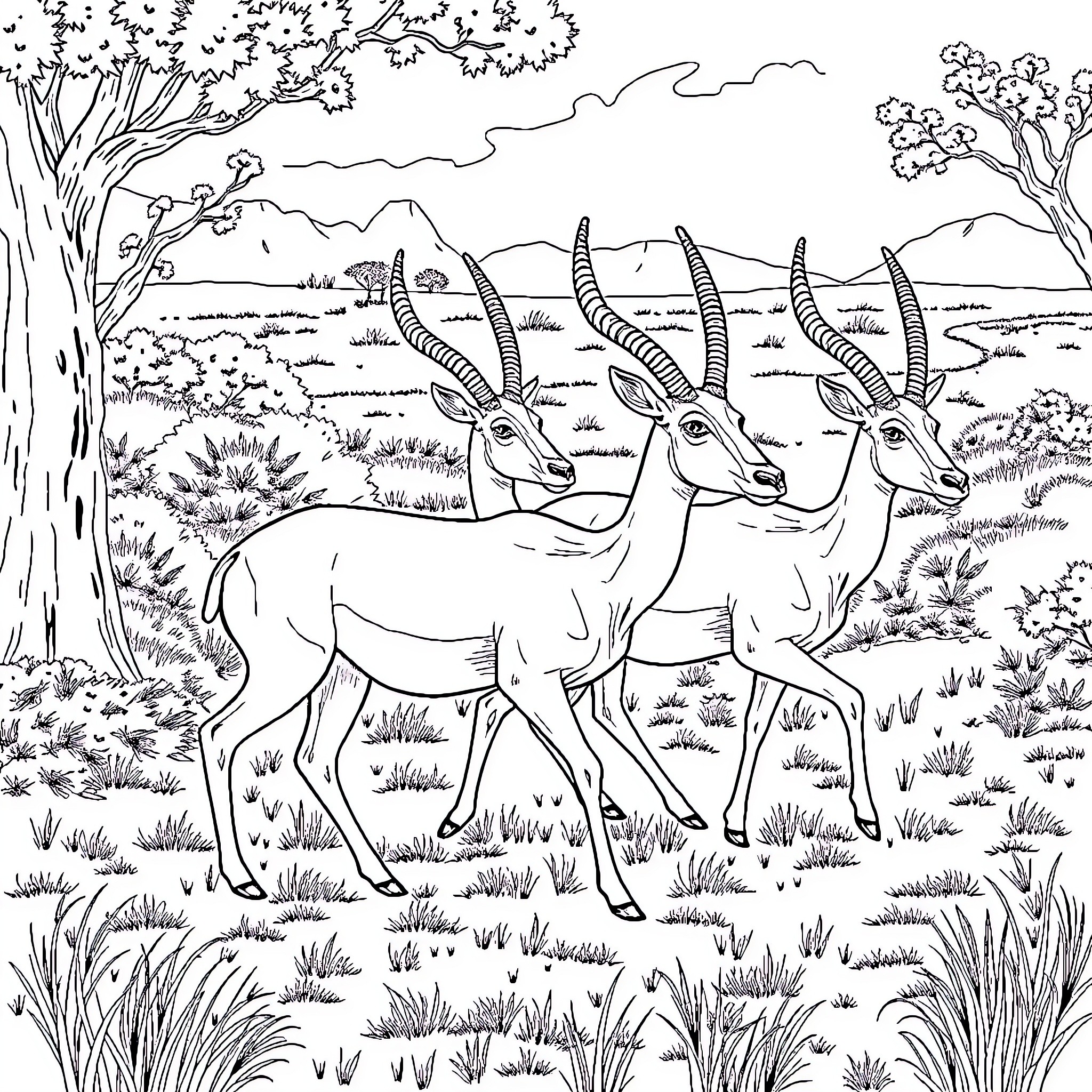 Antelope grazing peacefully in the natural landscape Coloring Page (free black-and-white line drawing printable PDF for all, from beginners to advanced learners, including children, teens, adults, and seniors)