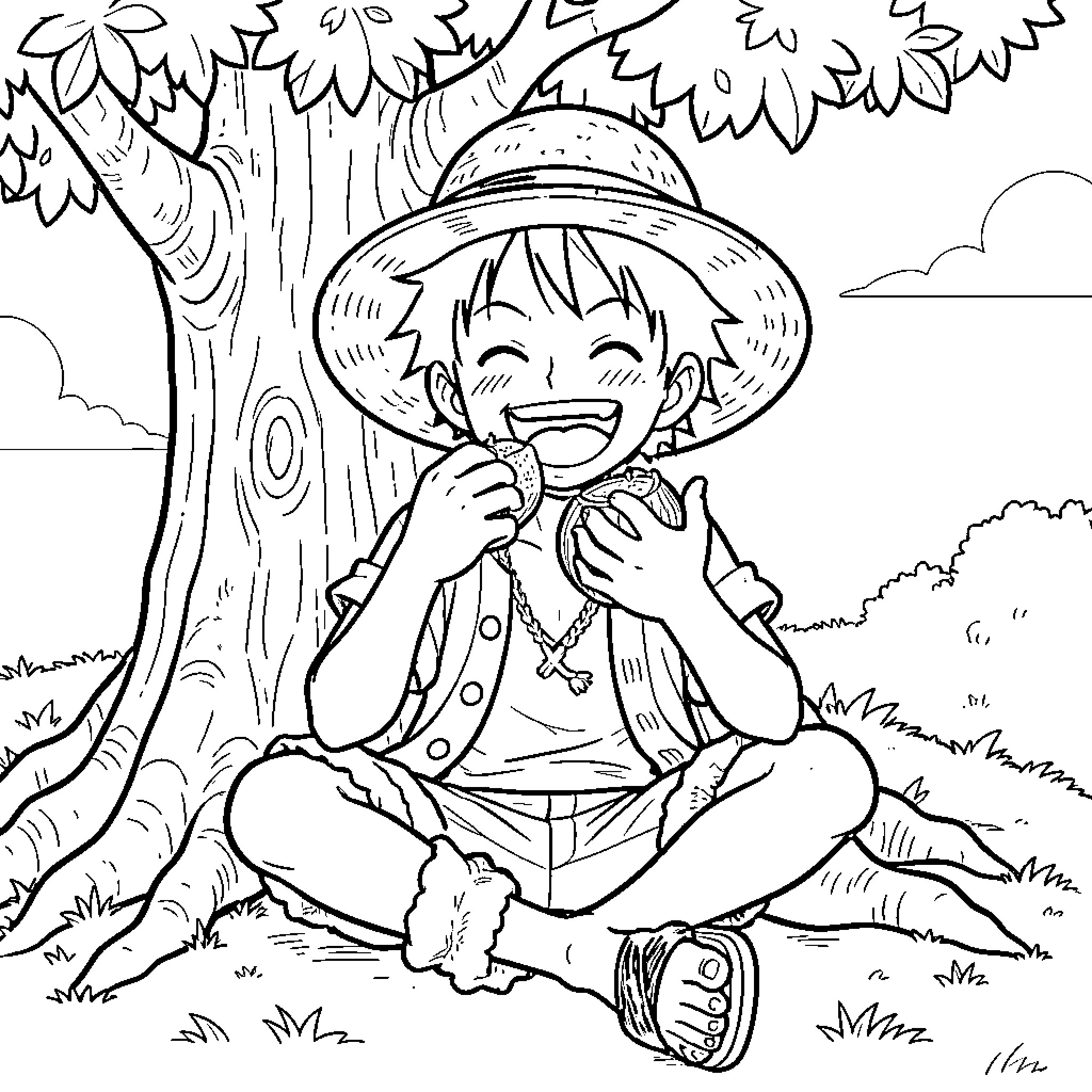 Luffy laughing joyfully while eating snacks under a tree Coloring Page (free black-and-white line drawing printable PDF for all, from beginners to advanced learners, including children, teens, adults, and seniors)