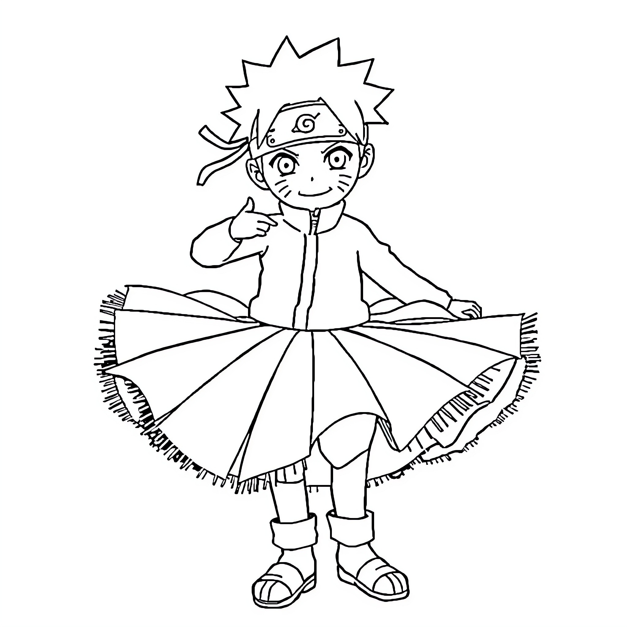 Naruto character in dancing pose Coloring Page (free black-and-white line drawing printable PDF for all, from beginners to advanced learners, including children, teens, adults, and seniors)