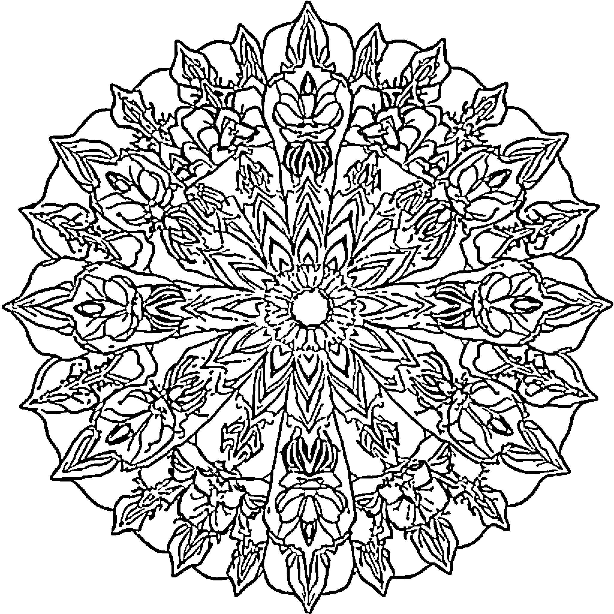 Mandala with intricate floral pattern Coloring Page (free black-and-white line drawing printable PDF for all, from beginners to advanced learners, including children, teens, adults, and seniors)