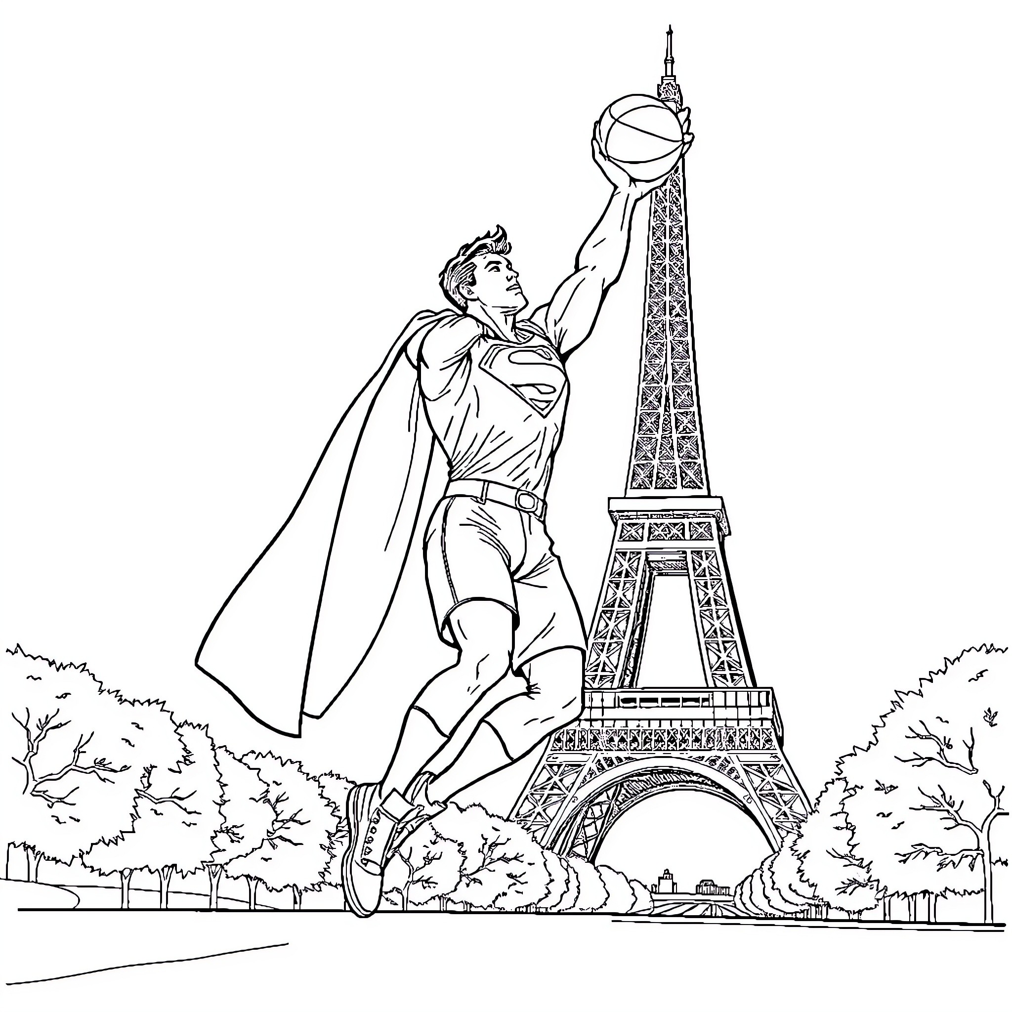 Superman soaring over the Eiffel Tower Coloring Page (free black-and-white line drawing printable PDF for all, from beginners to advanced learners, including children, teens, adults, and seniors)