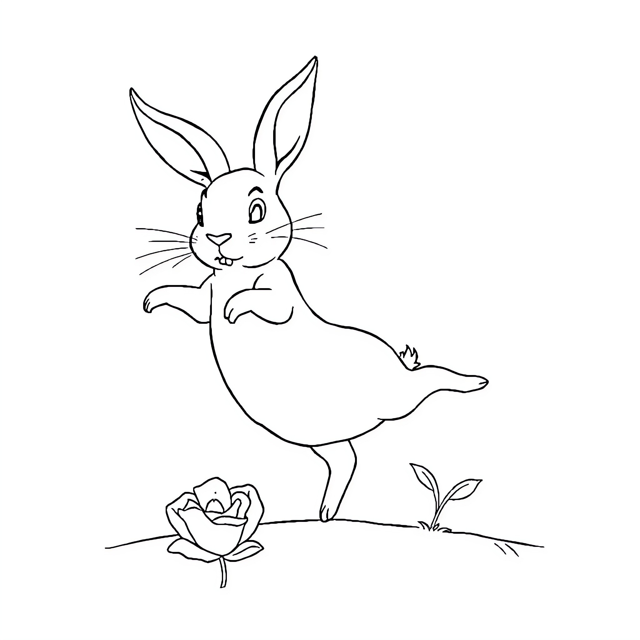 Rabbit dancing joyfully near a flower Coloring Page (free black-and-white line drawing printable PDF for all, from beginners to advanced learners, including children, teens, adults, and seniors)