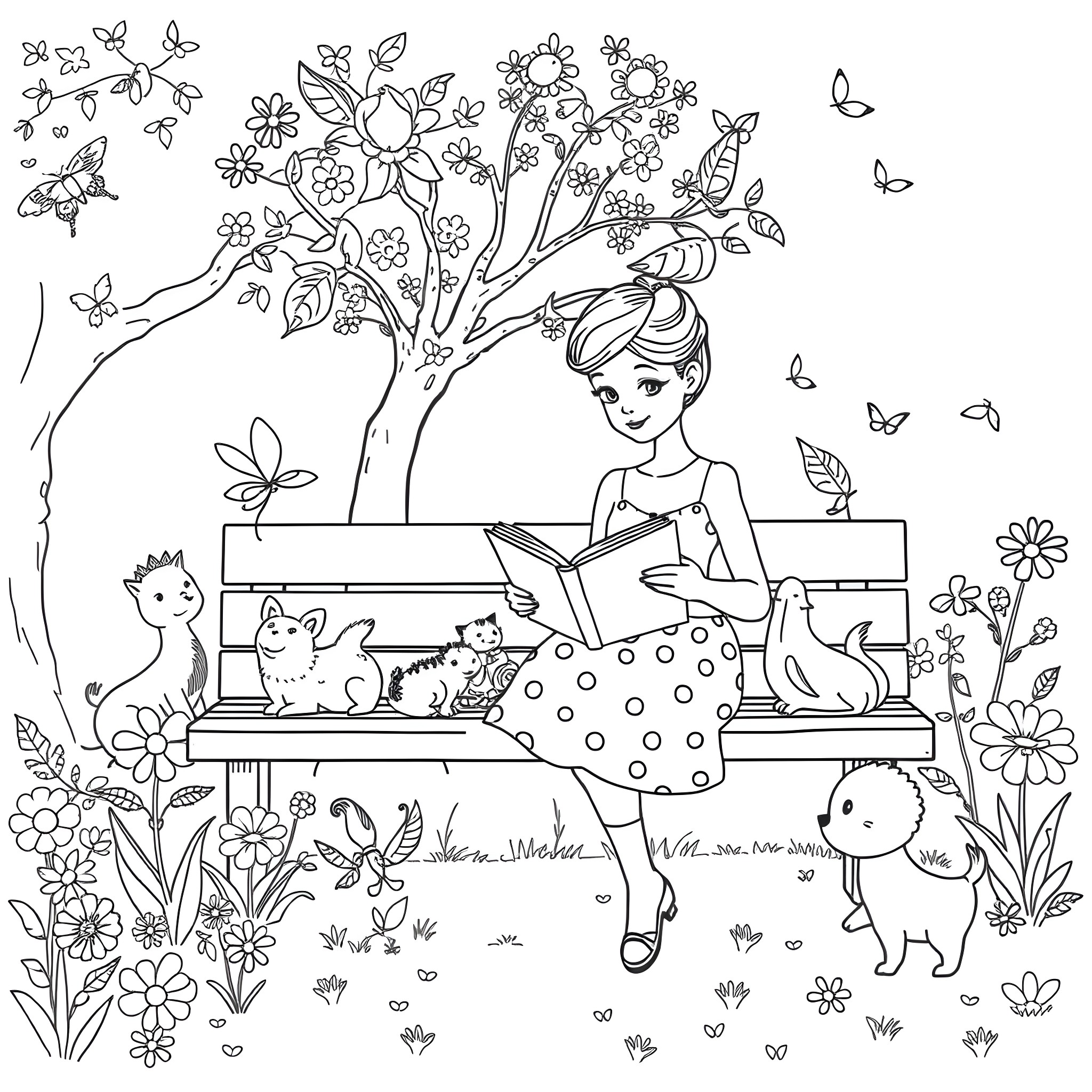 Ms Rachel enjoying a book with her animal friends in a floral garden Coloring Page (free black-and-white line drawing printable PDF for all, from beginners to advanced learners, including children, teens, adults, and seniors)