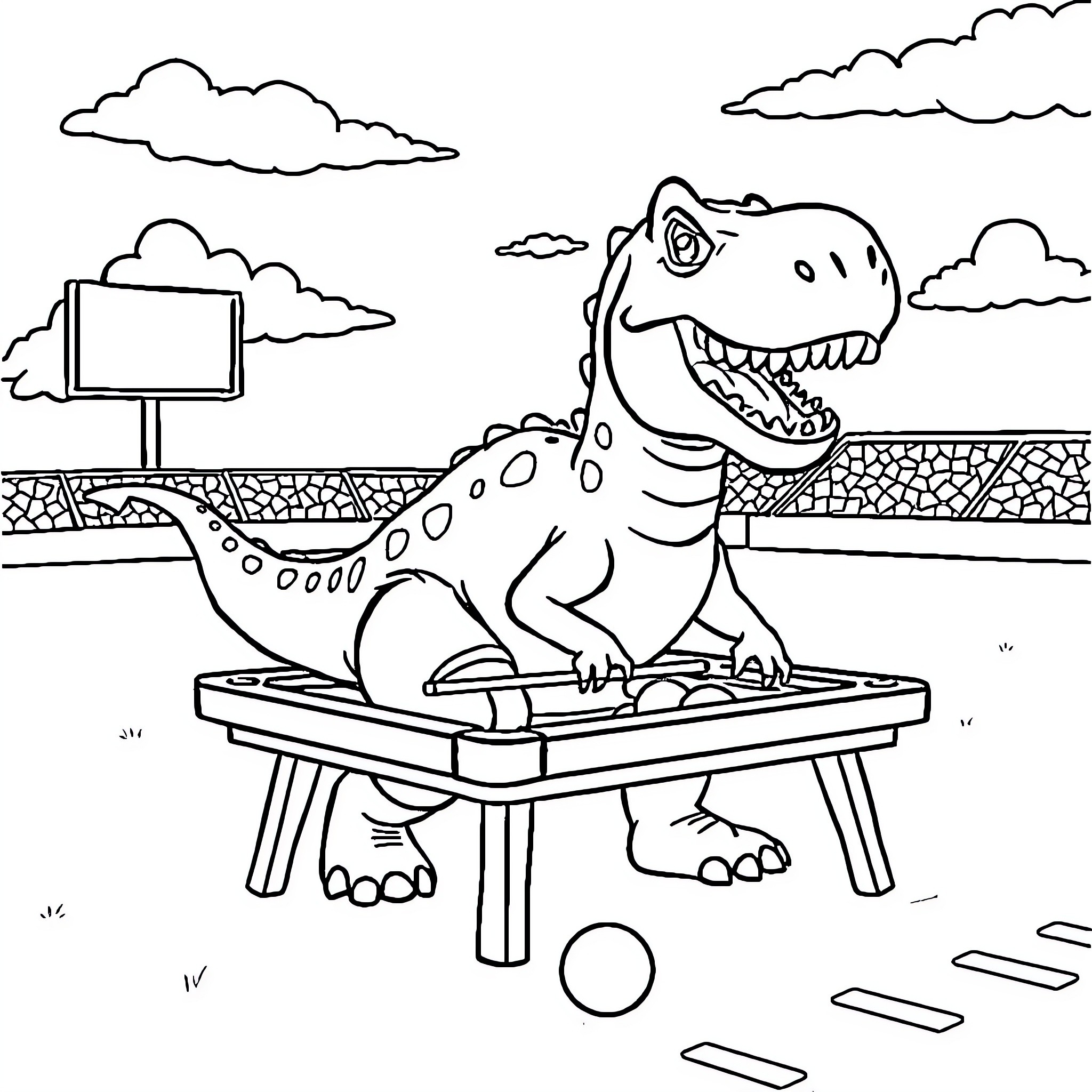 Dinosaur playing on a table in the park Coloring Page (free black-and-white line drawing printable PDF for all, from beginners to advanced learners, including children, teens, adults, and seniors)