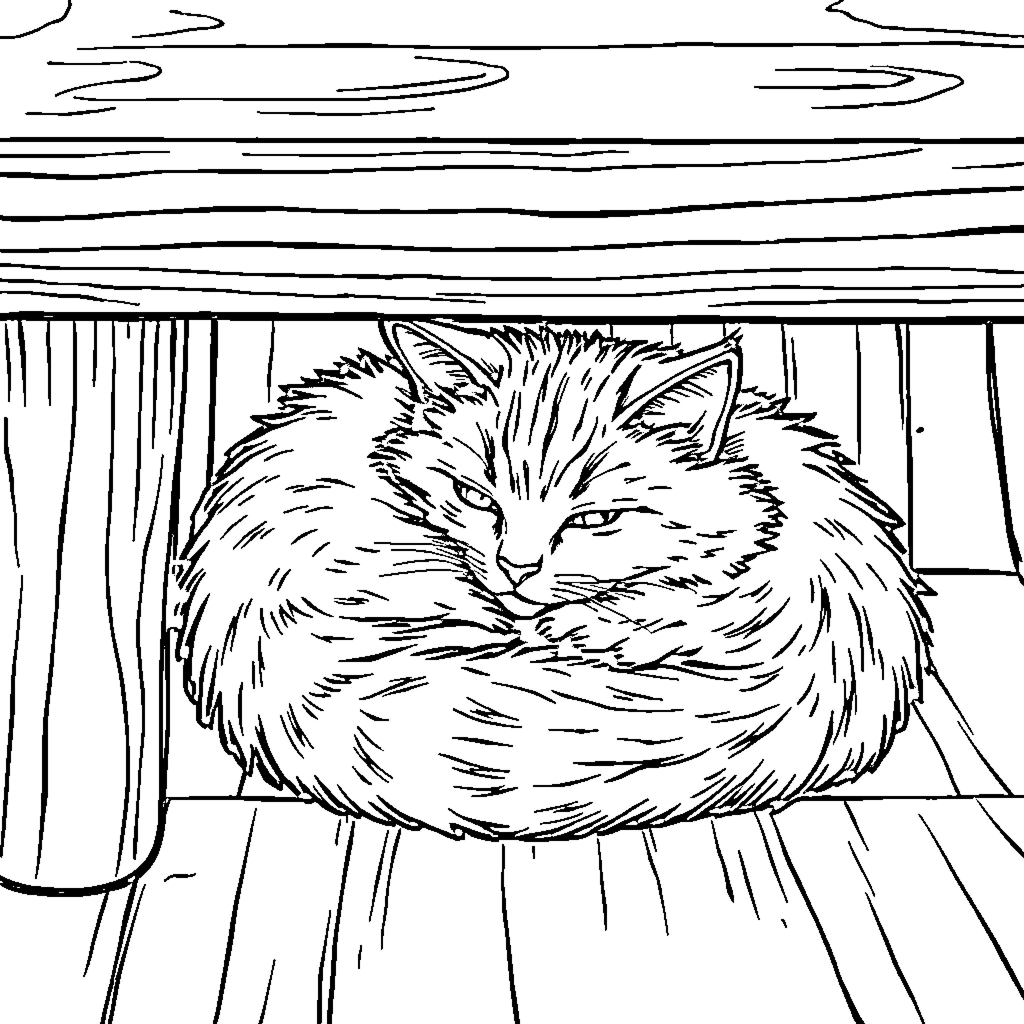 Cat curled up on a cozy wooden surface Coloring Page (free black-and-white line drawing printable PDF for all, from beginners to advanced learners, including children, teens, adults, and seniors)