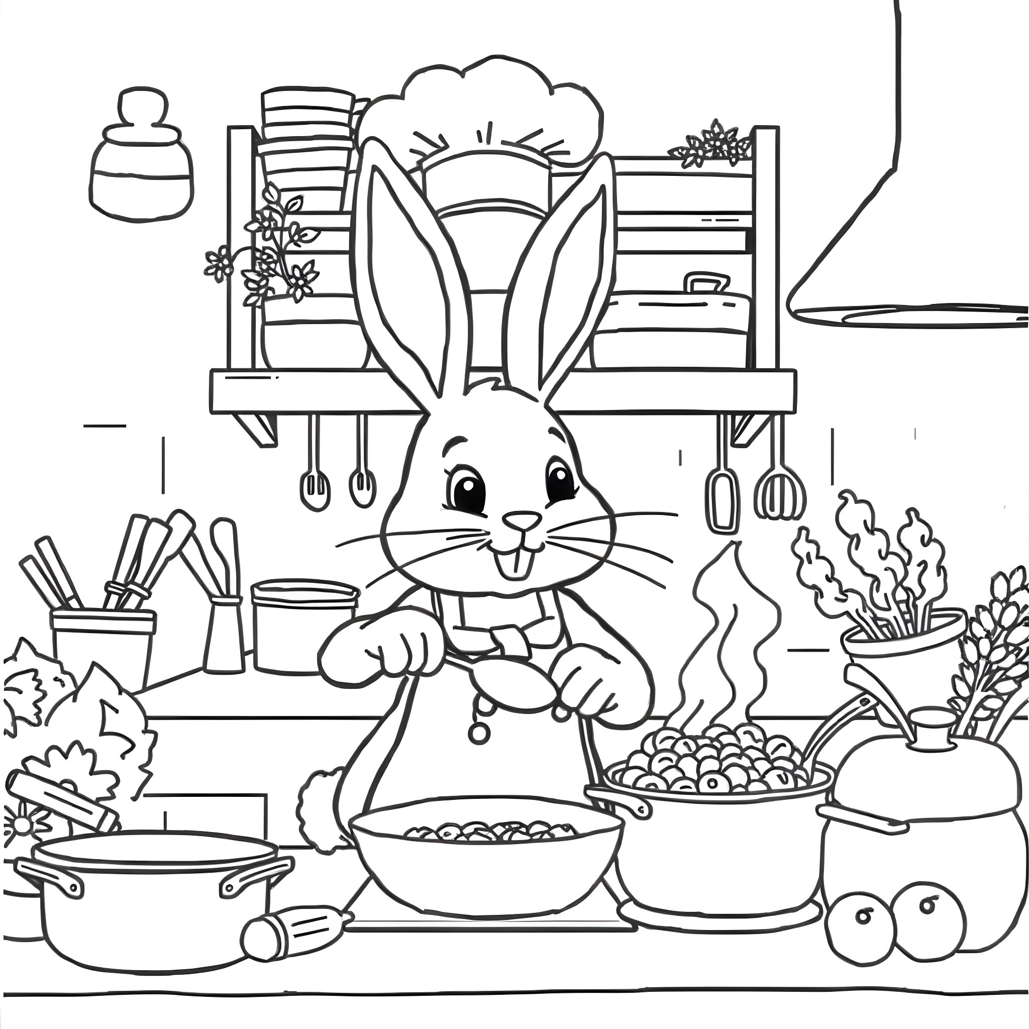 Bunny Cooking in a Cozy Kitchen Coloring Page (free black-and-white line drawing printable PDF for all, from beginners to advanced learners, including children, teens, adults, and seniors)