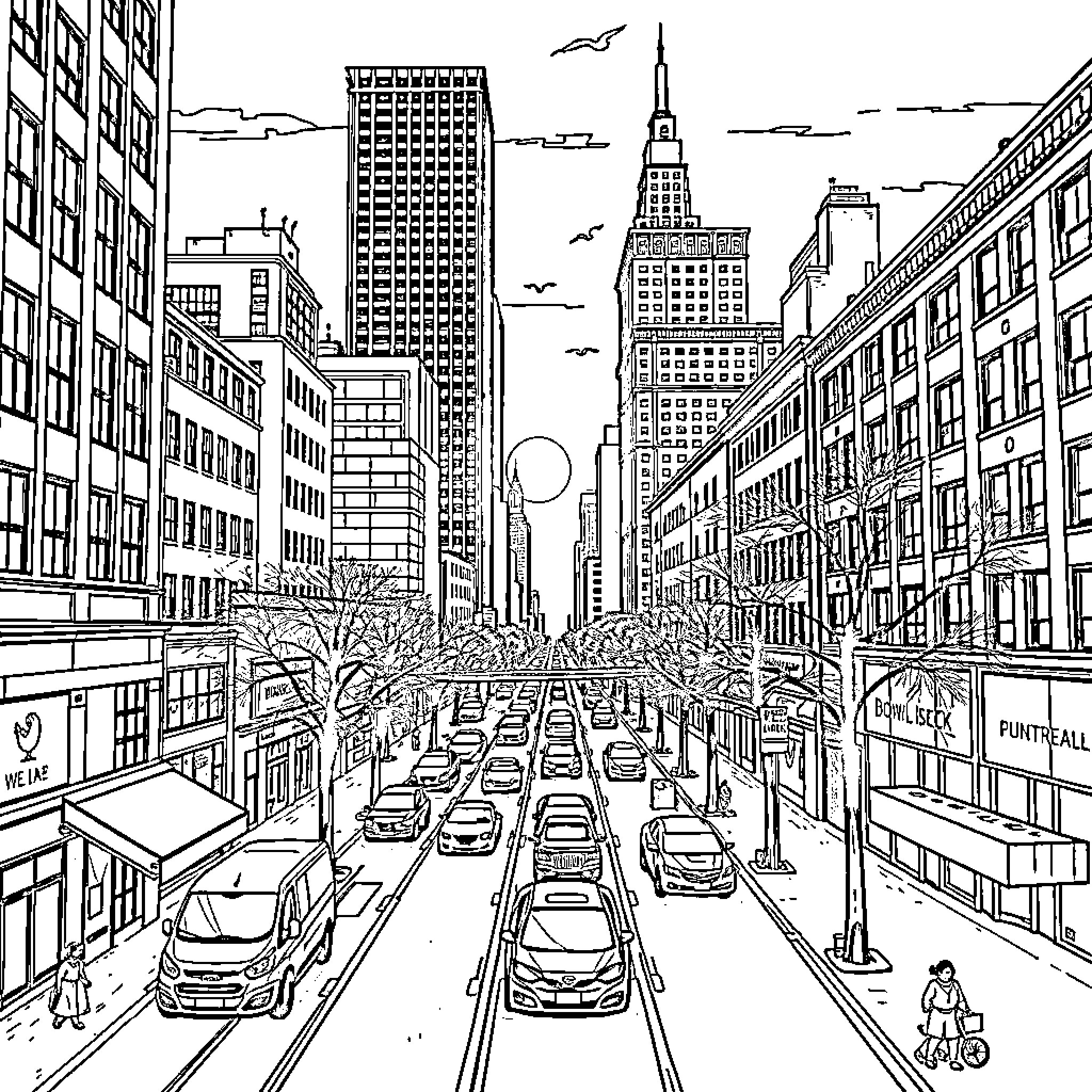 Downtown Cityscape with Bustling Street Life Coloring Page (free black-and-white line drawing printable PDF for all, from beginners to advanced learners, including children, teens, adults, and seniors)
